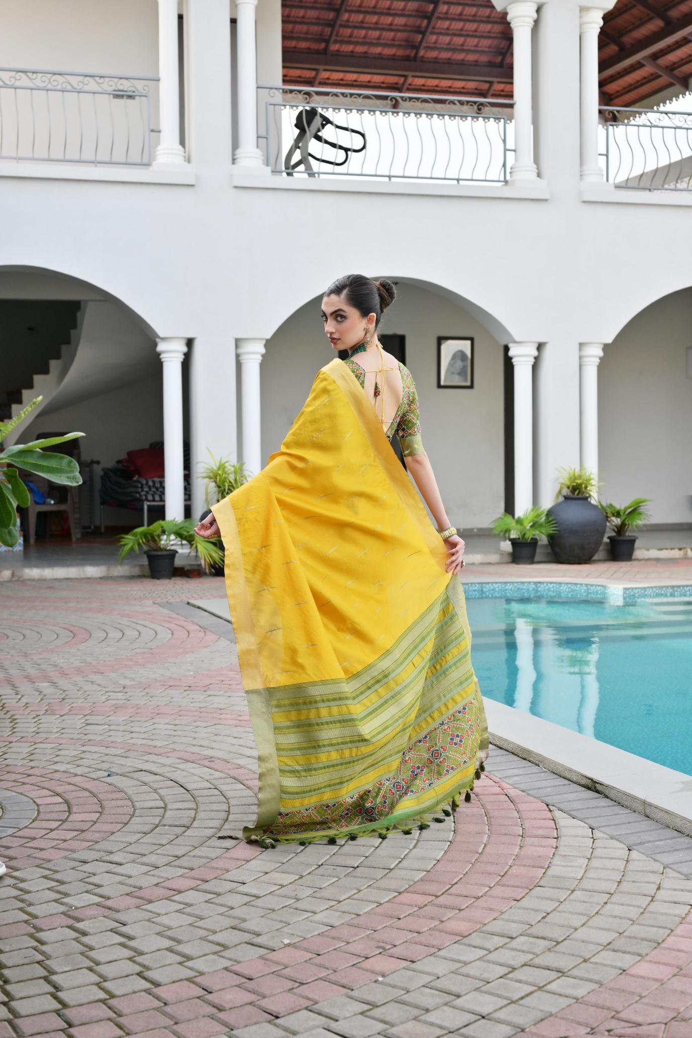 Mustard Green Khadi Raw Silk Saree — alternate view