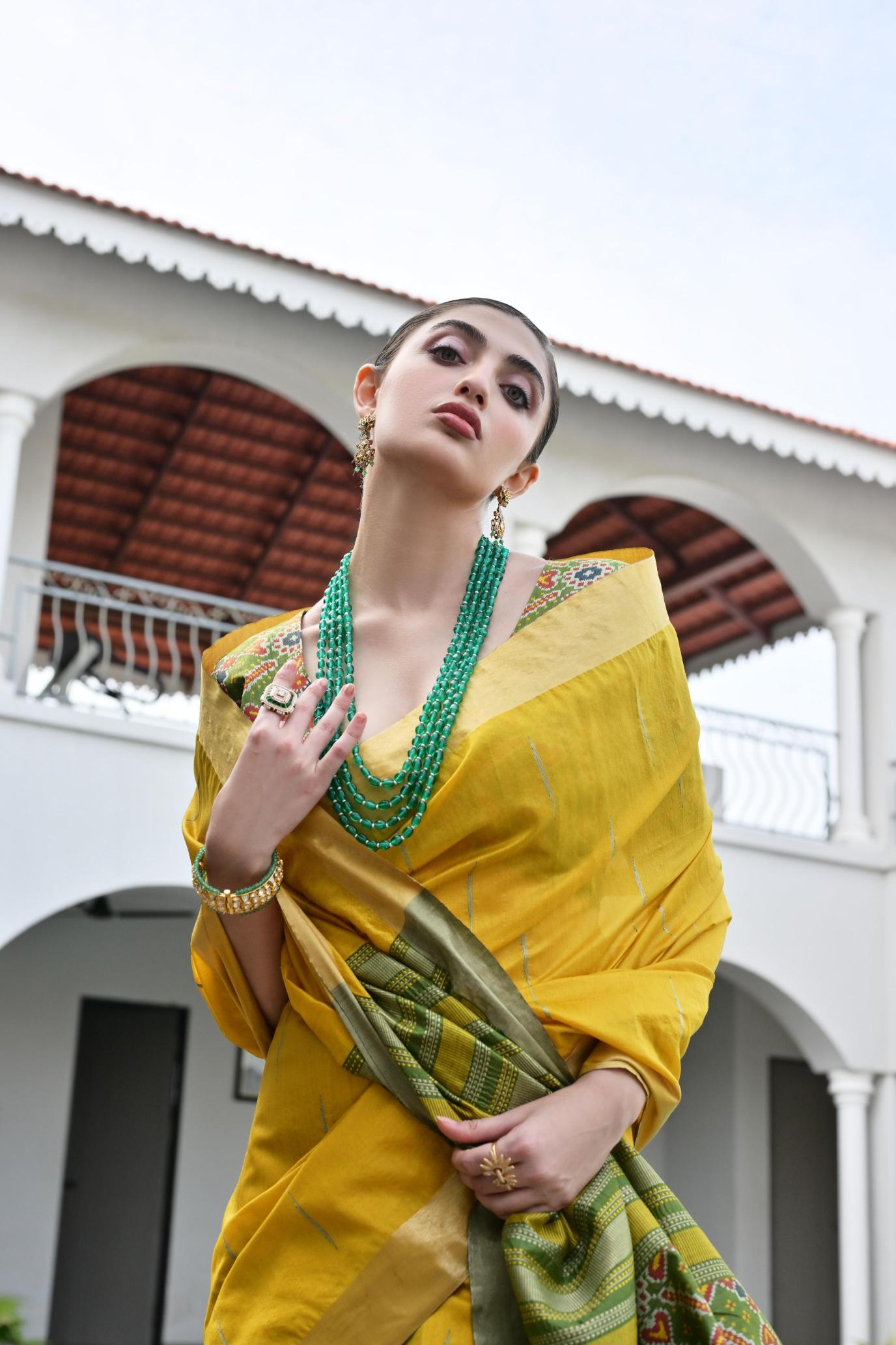 Mustard Green Khadi Raw Silk Saree