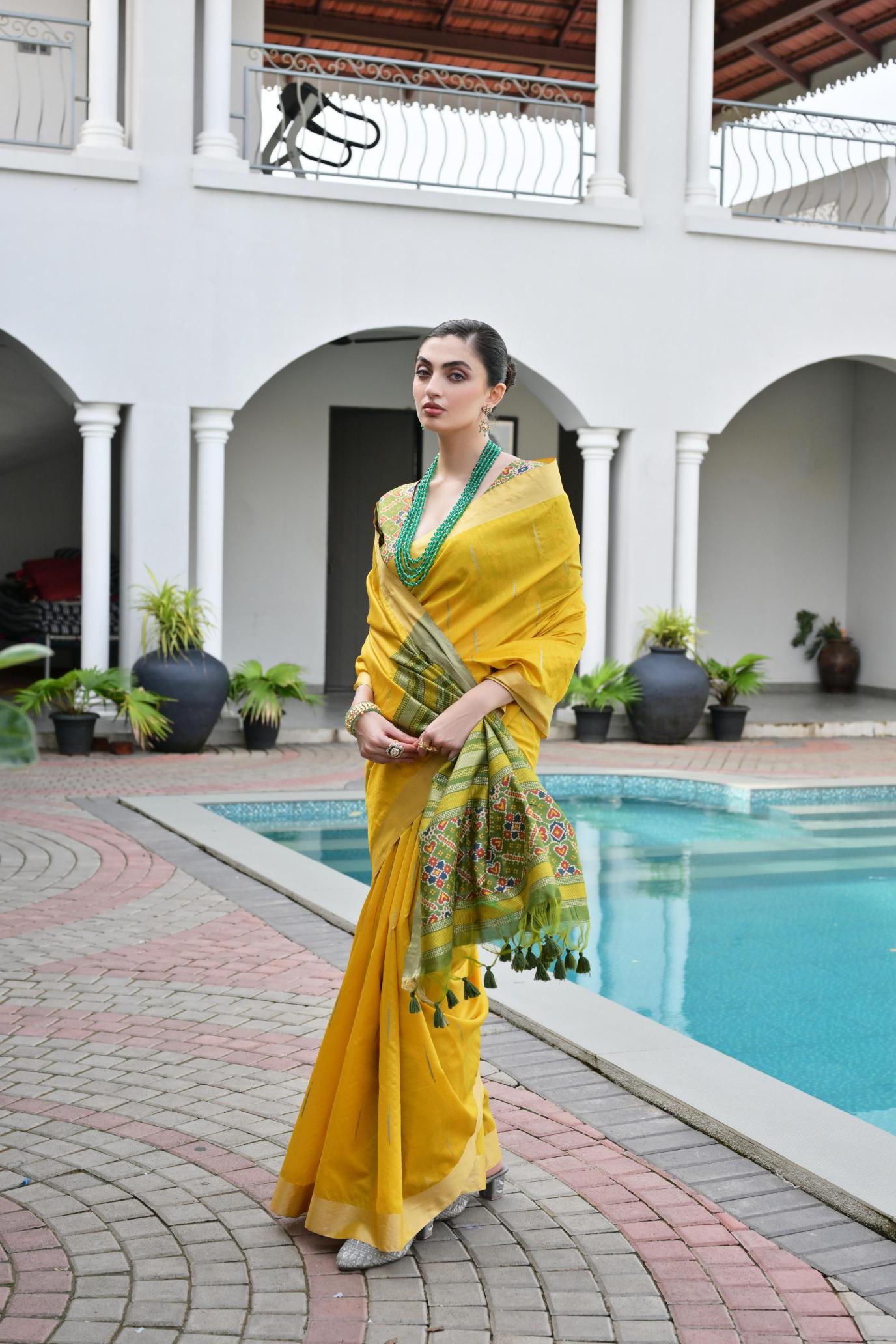 Mustard Green Khadi Raw Silk Saree