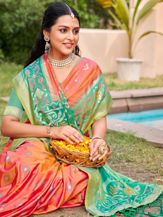 Mustard Green Woven Designer Pochampalli Silk Saree