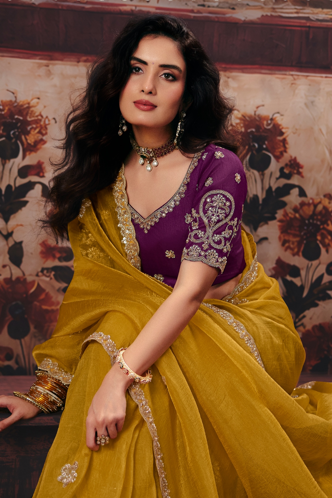 Mustard Hand Work Organza Saree — alternate view