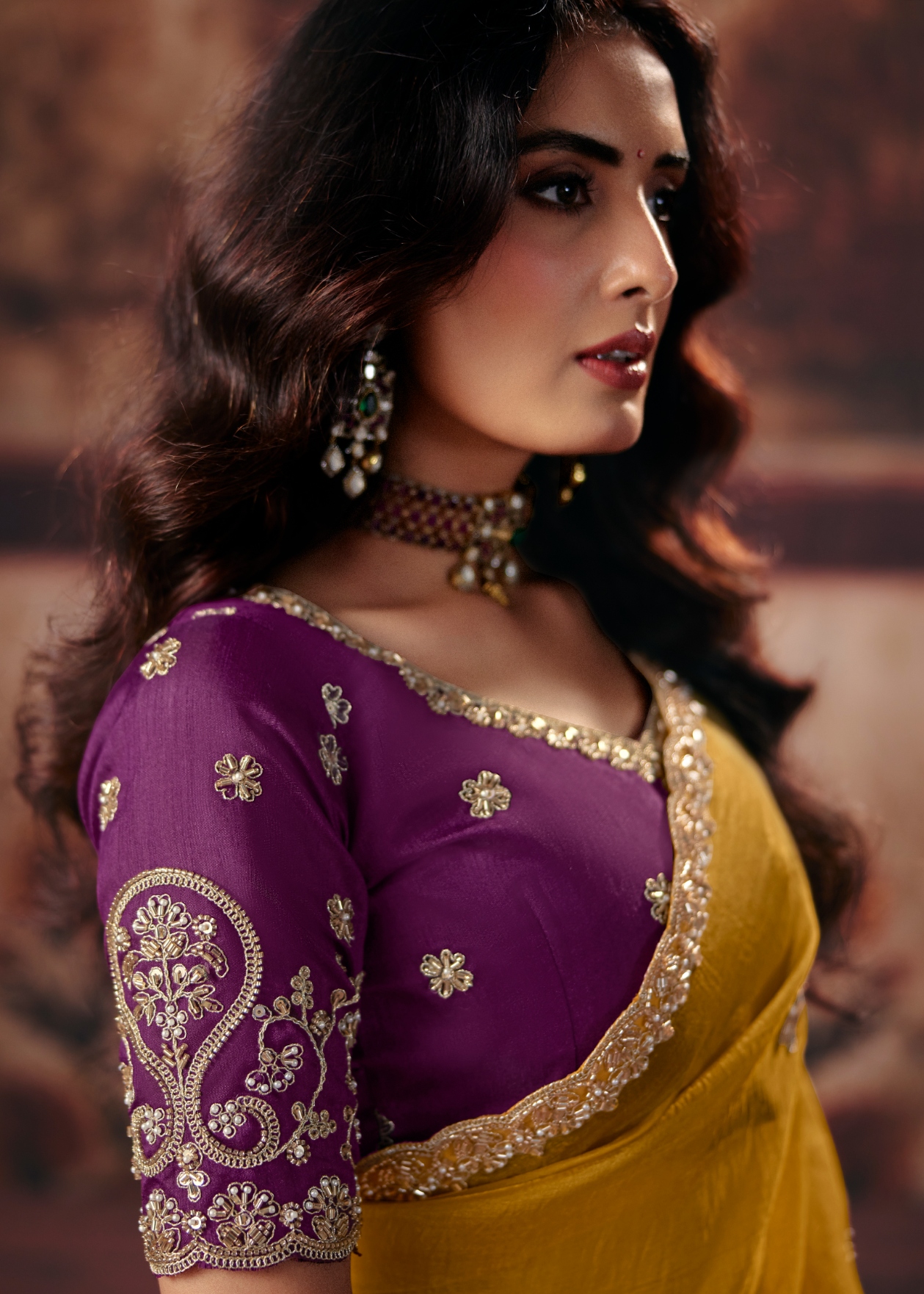 Mustard Hand Work Organza Saree