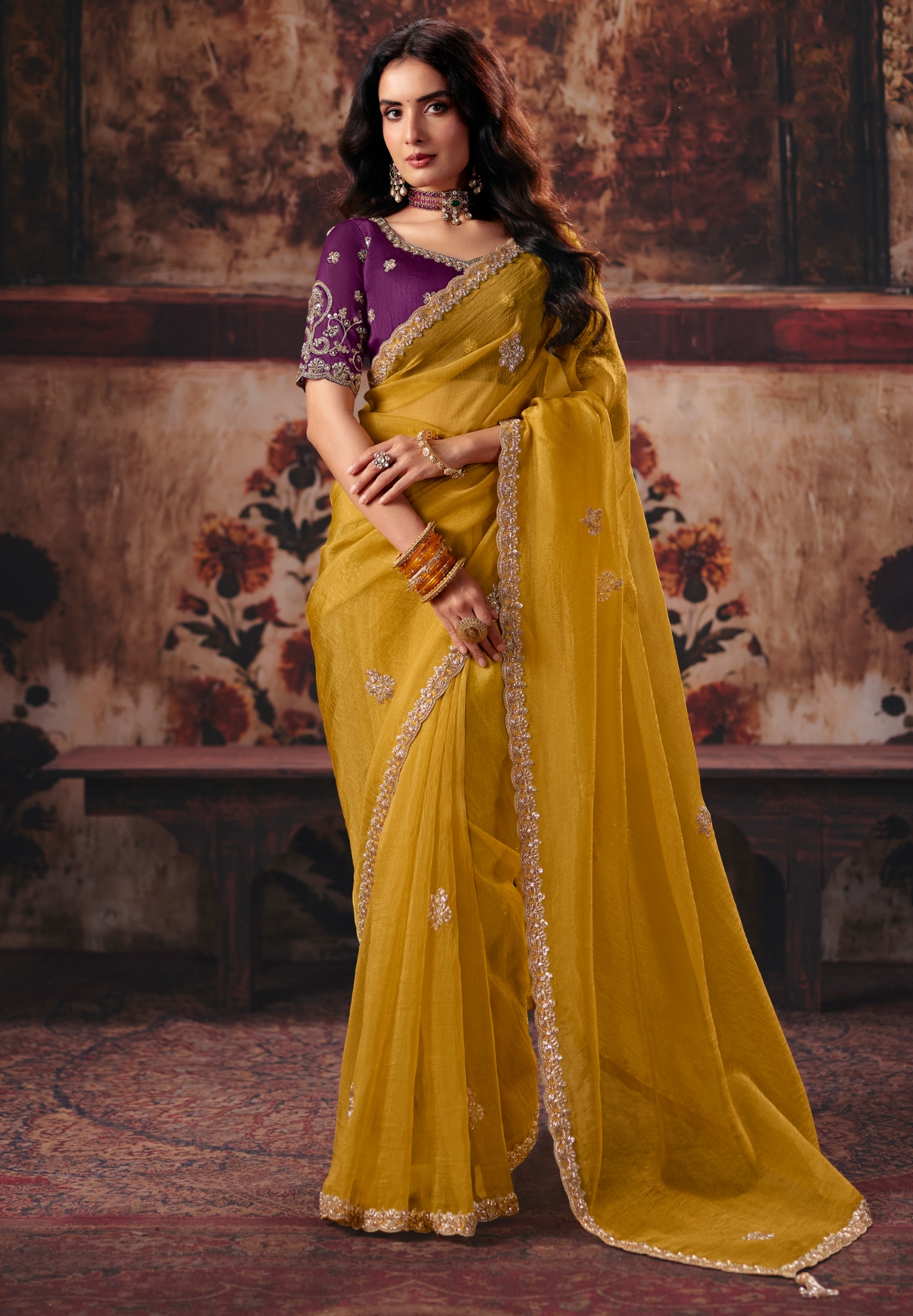 Mustard Hand Work Organza Saree