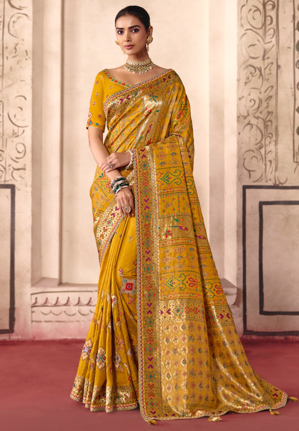 Mustard Heavy Embroidery Sequin Dola Silk Saree