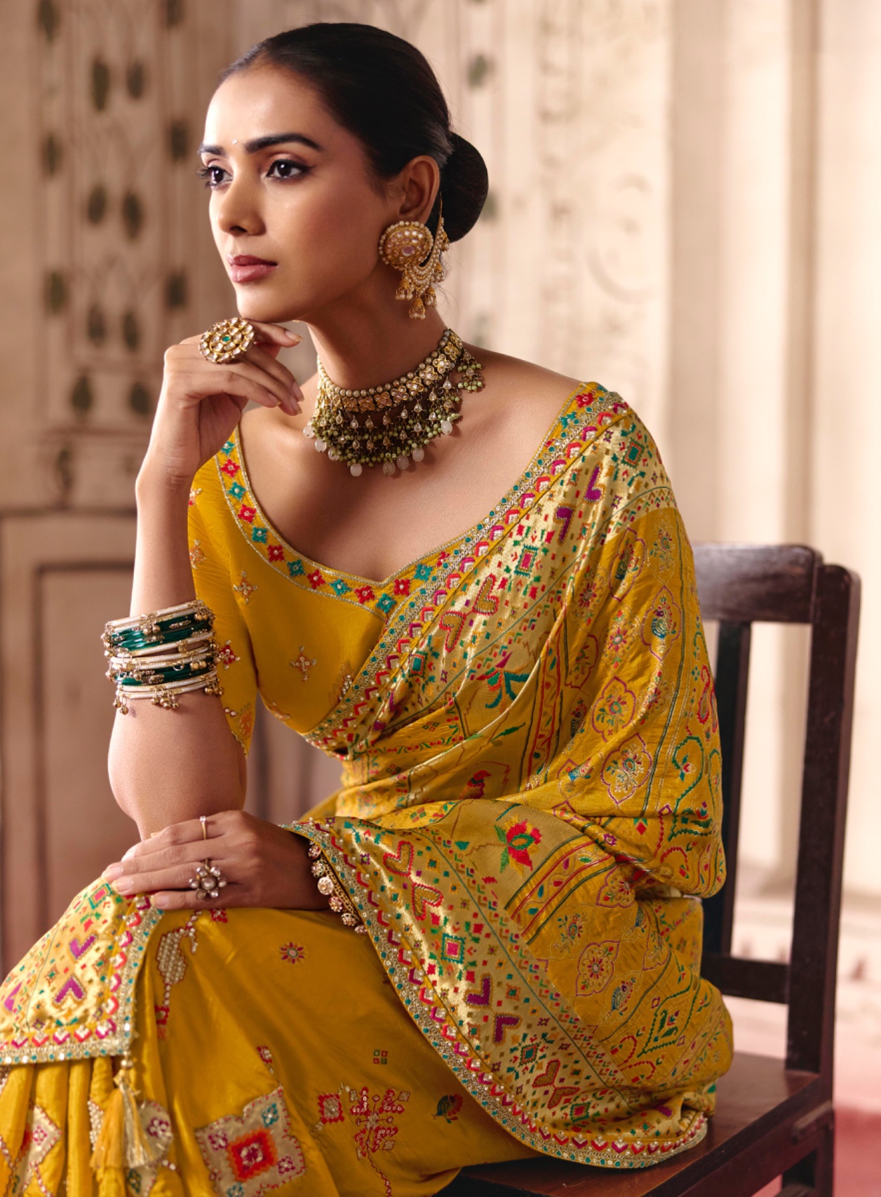Mustard Heavy Embroidery Sequin Dola Silk Saree