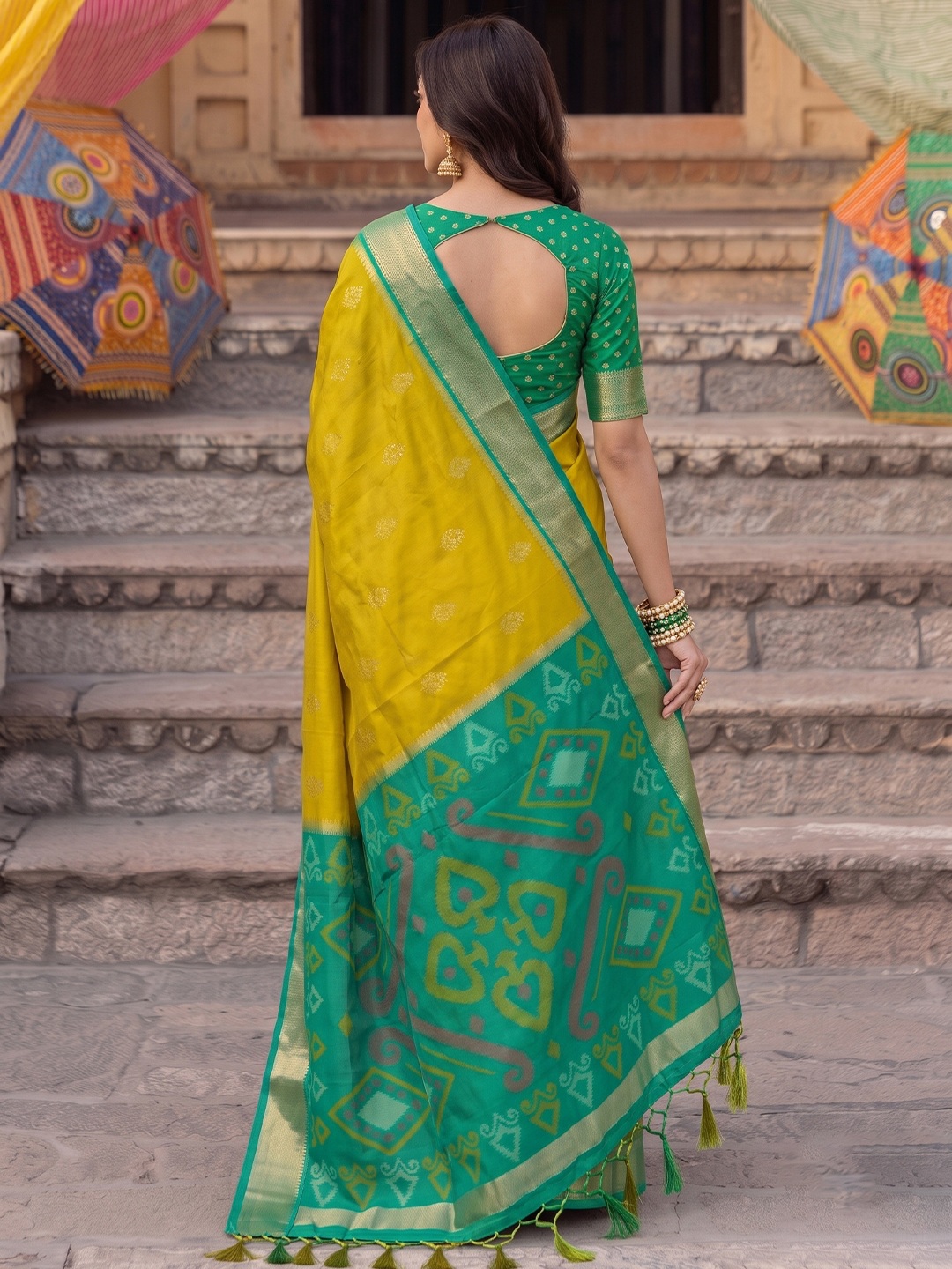 Mustard Heritage Butti Woven Zari Jacquard Designer Soft Silk Saree — alternate view