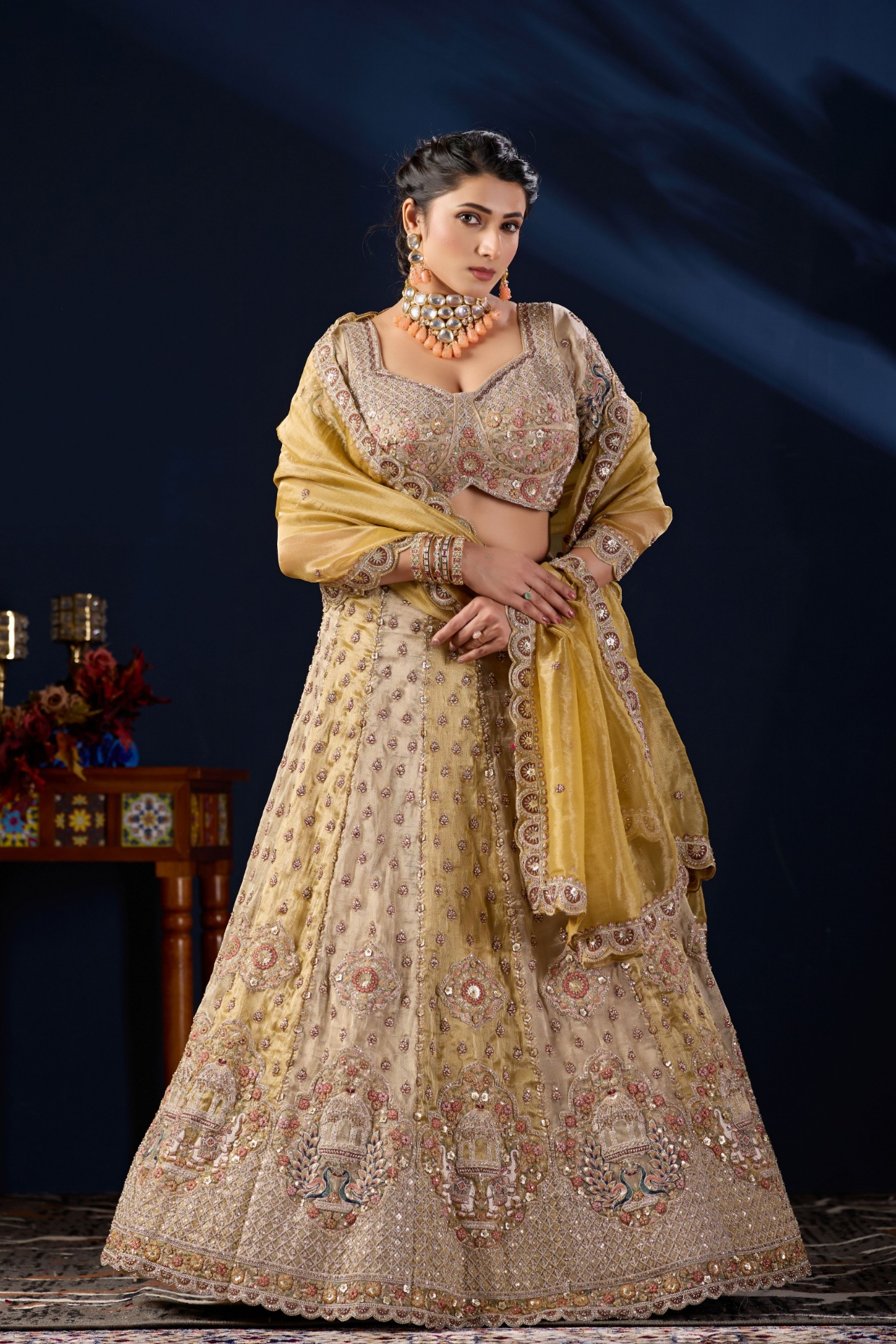 Mustard Heritage Embroidered Tissue Lehenga Choli