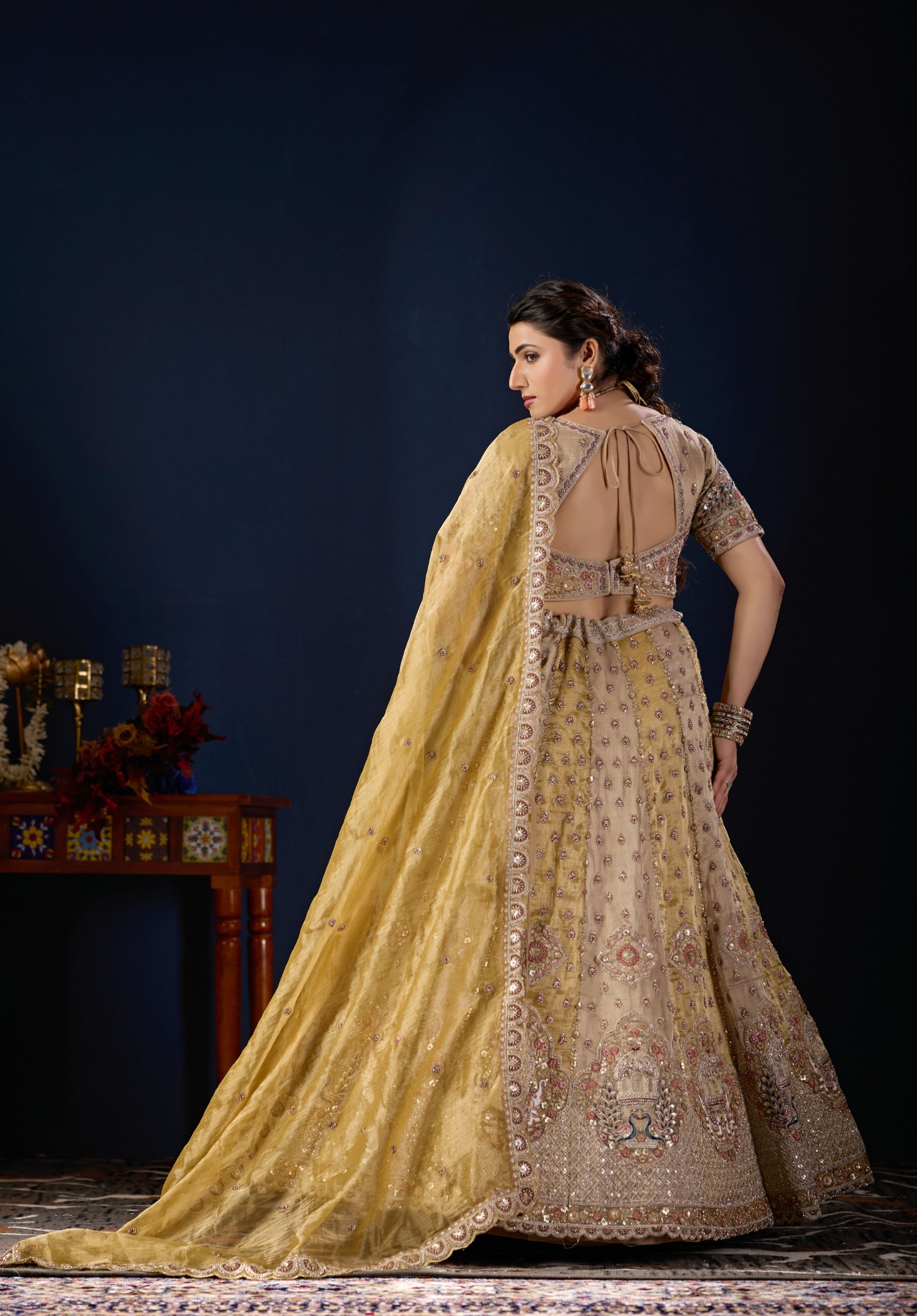 Mustard Heritage Embroidered Tissue Lehenga Choli — alternate view