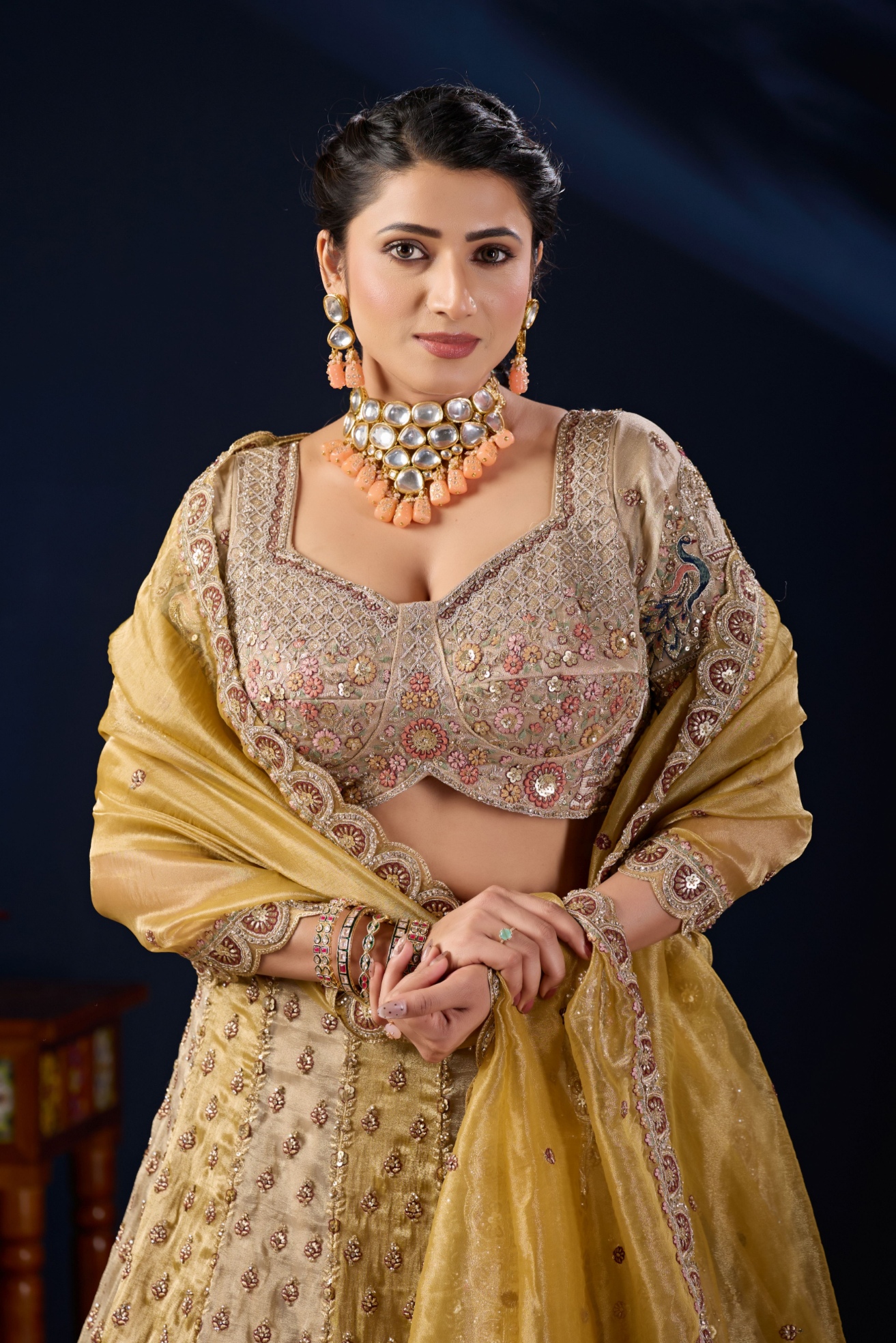 Mustard Heritage Embroidered Tissue Lehenga Choli