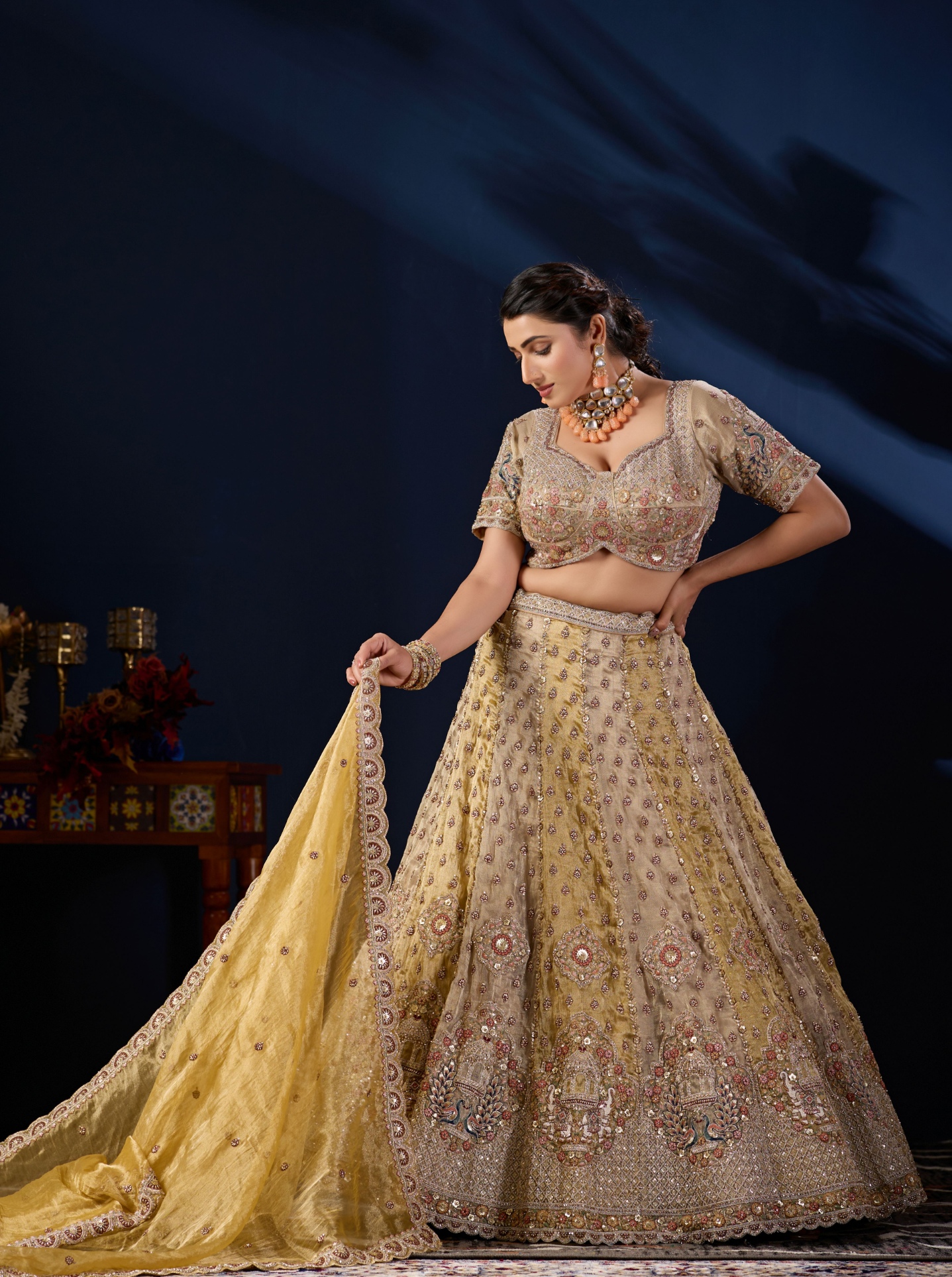 Mustard Heritage Embroidered Tissue Lehenga Choli