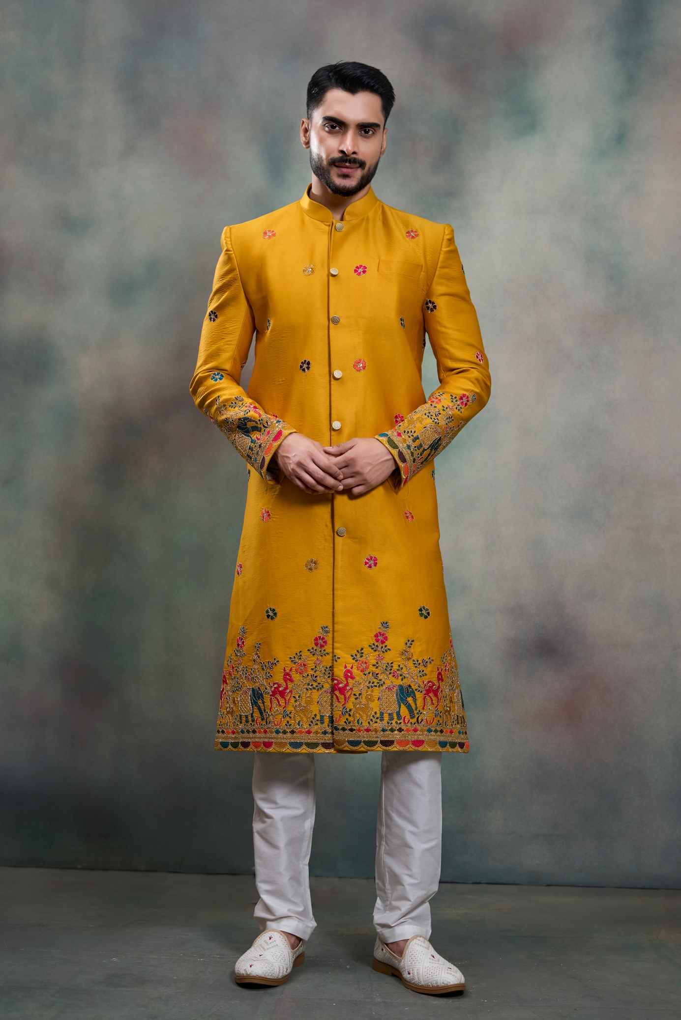 Mustard Heritage Embroidery Silk Indo-Western Sherwani