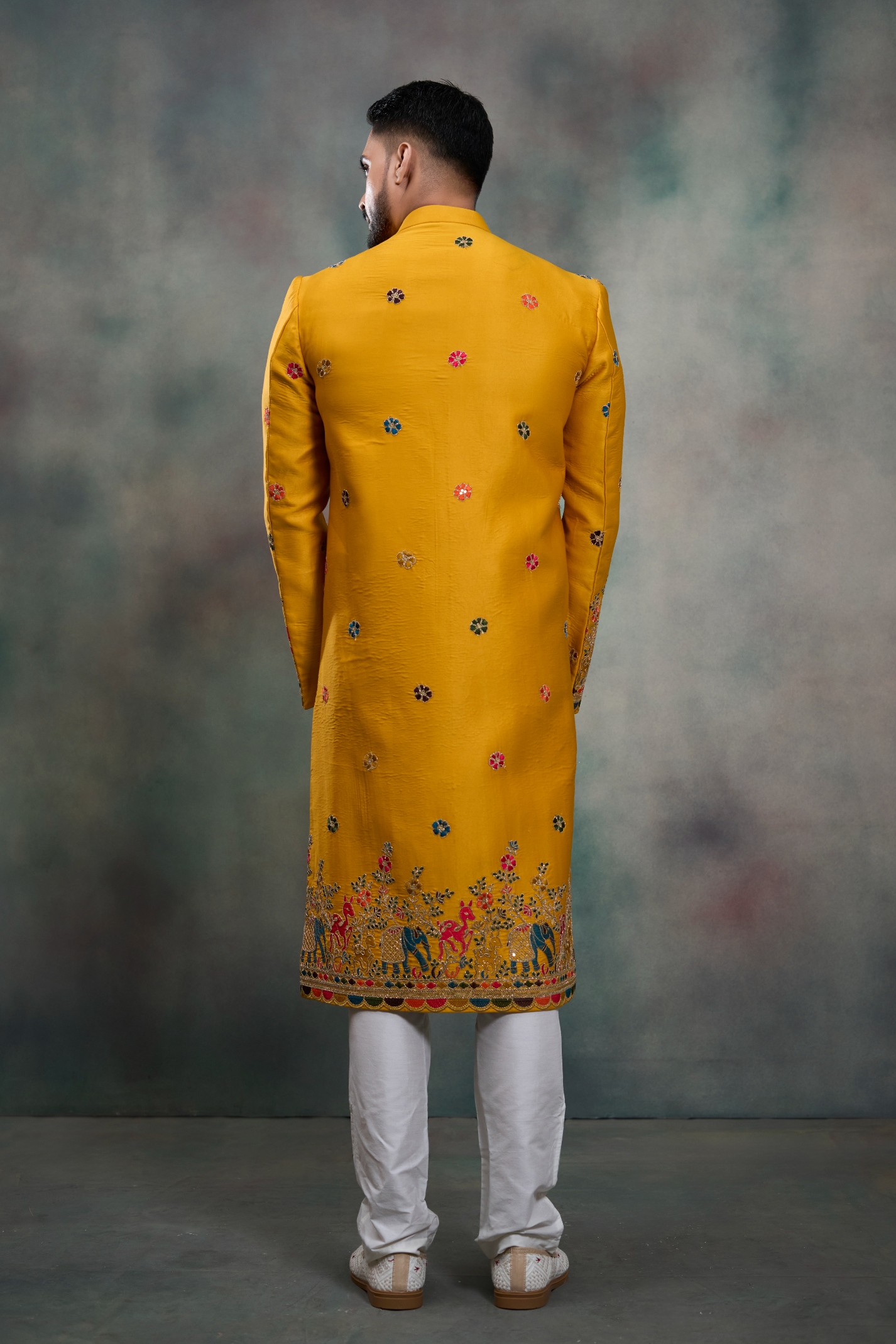 Mustard Heritage Embroidery Silk Indo-Western Sherwani — alternate view