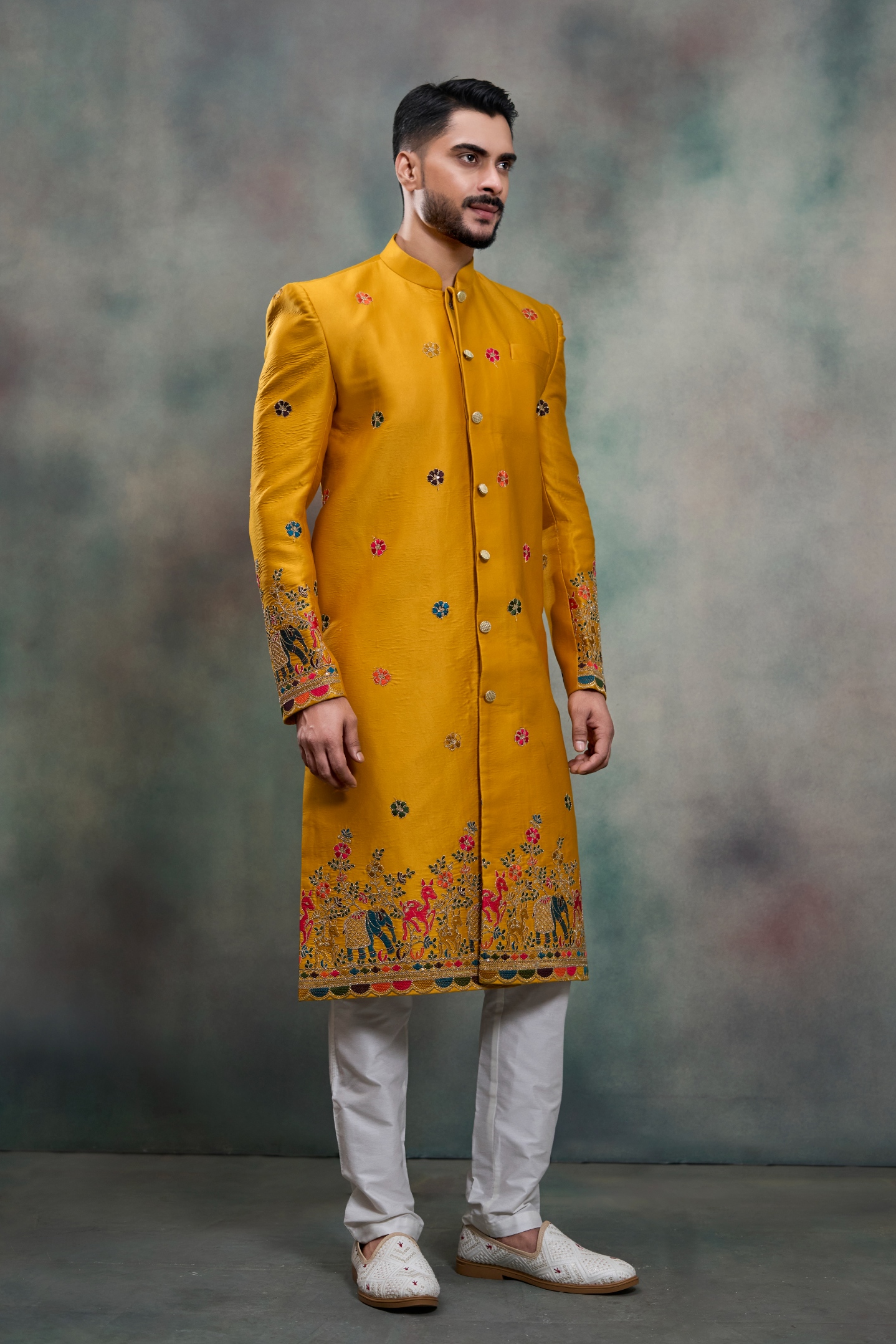 Mustard Heritage Embroidery Silk Indo-Western Sherwani