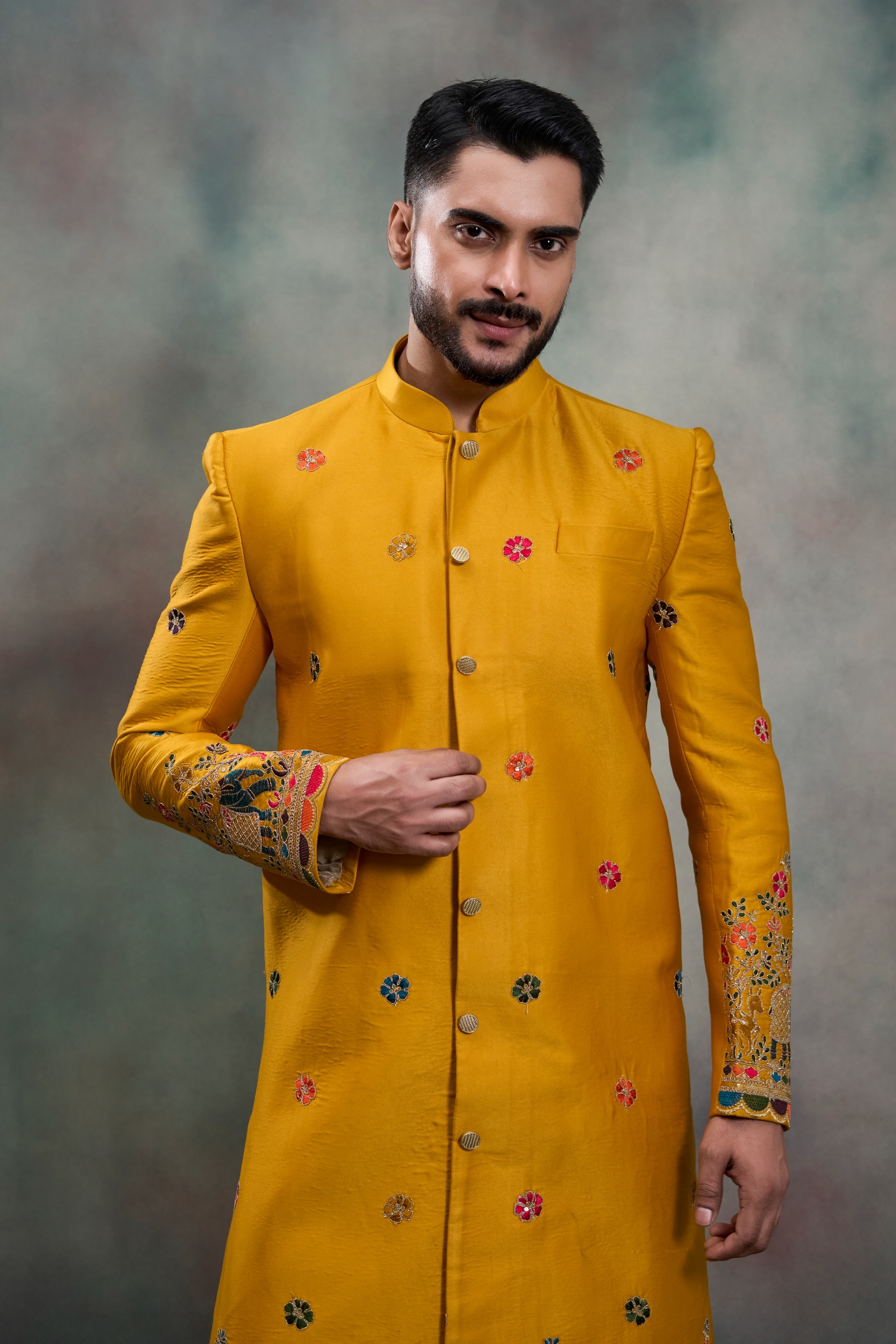 Mustard Heritage Embroidery Silk Indo-Western Sherwani
