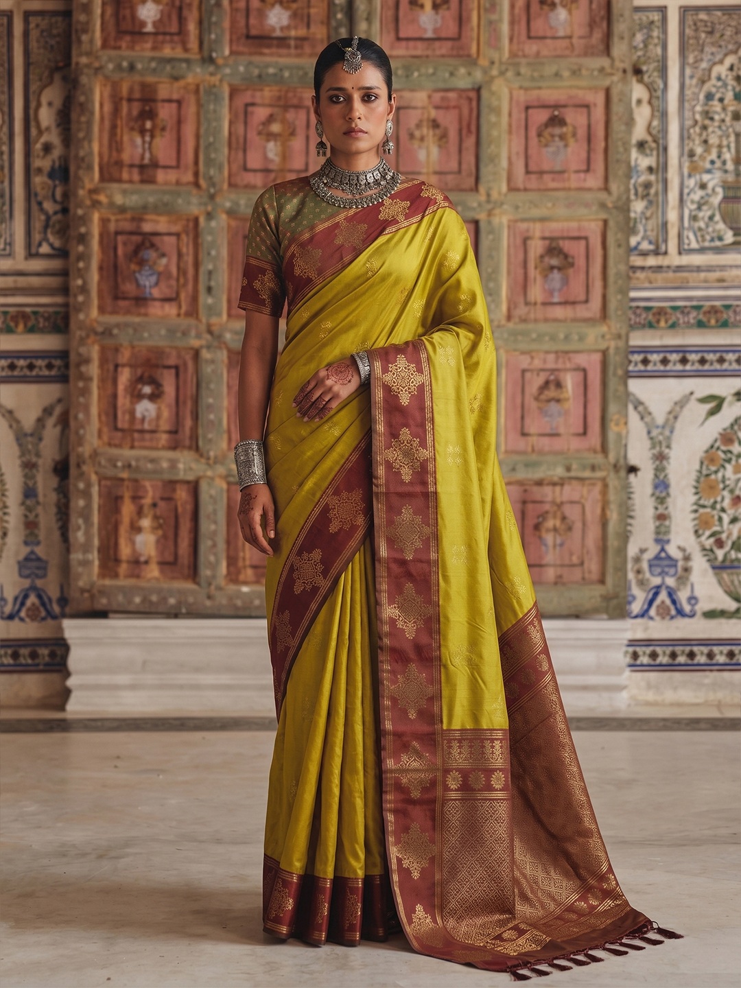 Mustard Heritage Sequence Fendy Satin Saree