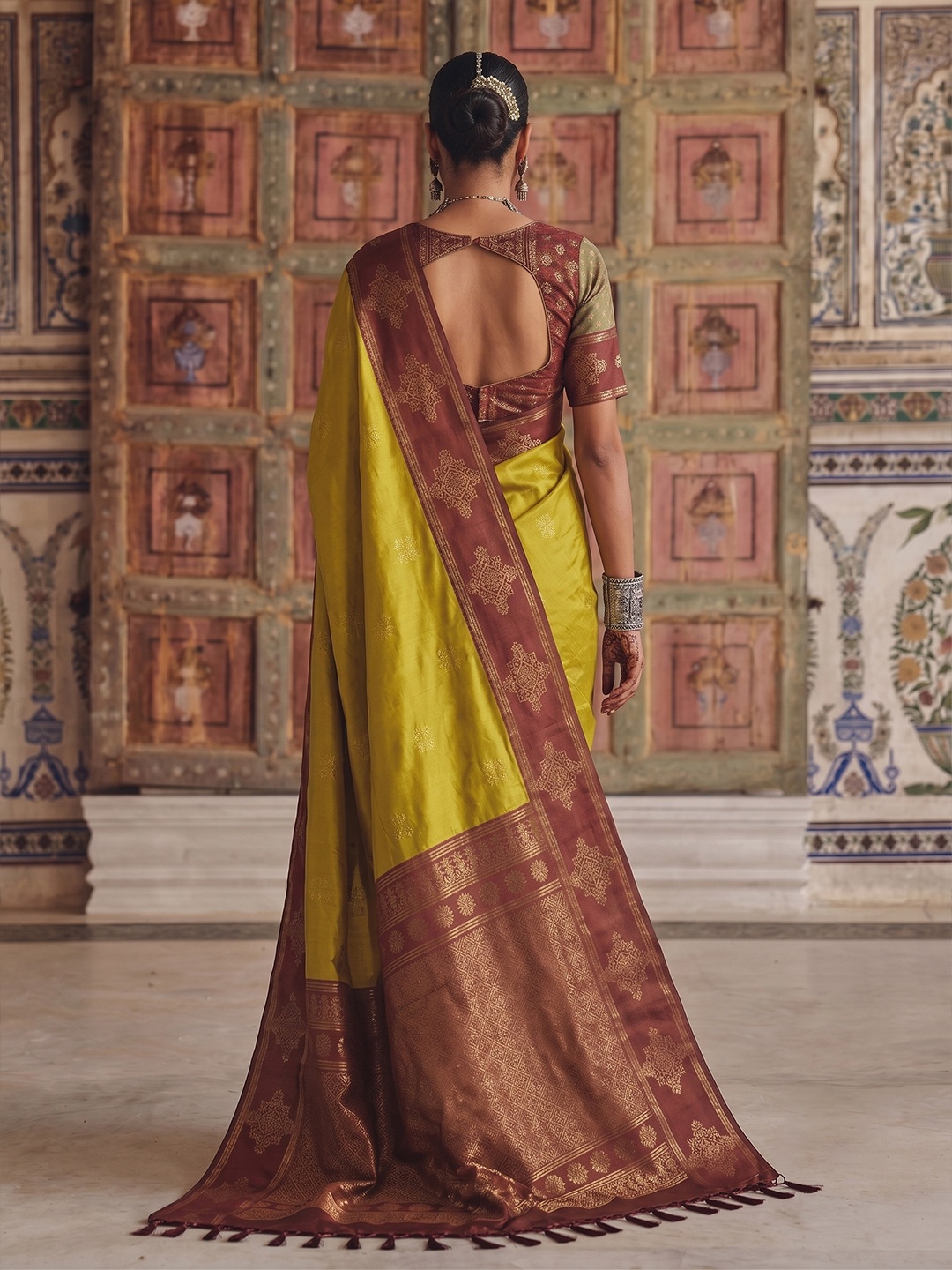 Mustard Heritage Sequence Fendy Satin Saree — alternate view