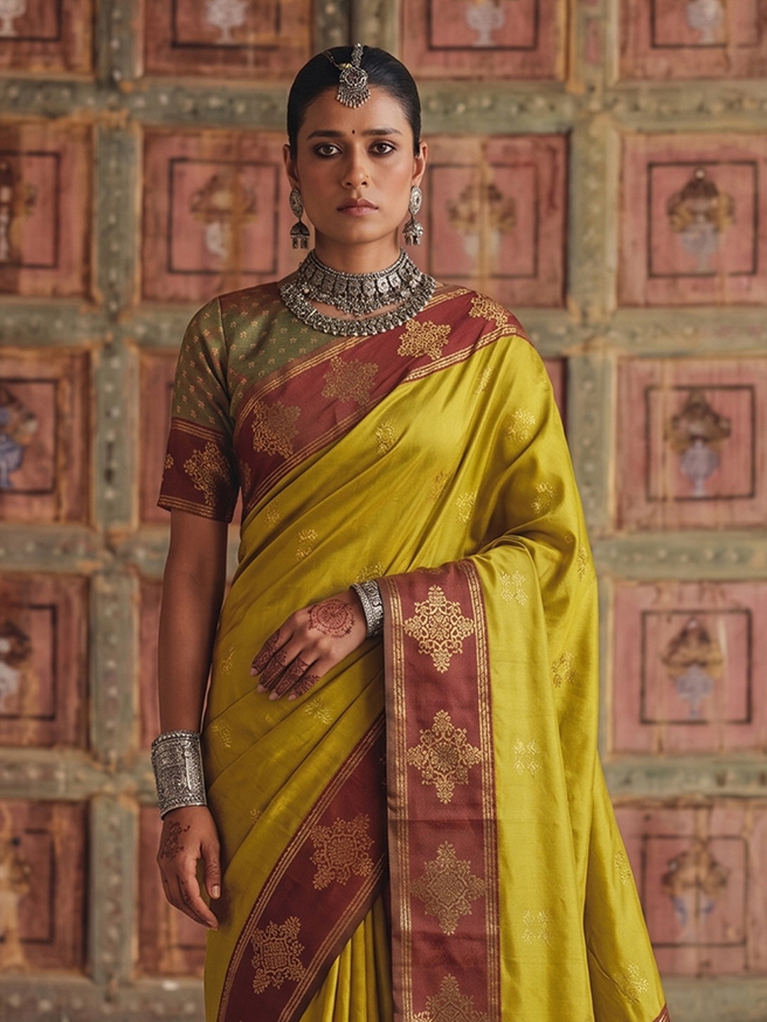 Mustard Heritage Sequence Fendy Satin Saree