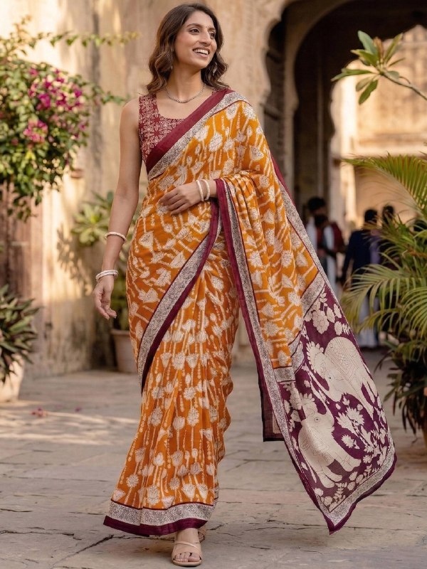 Mustard Kalamkari Floral Motif Mulmul Cotton Saree