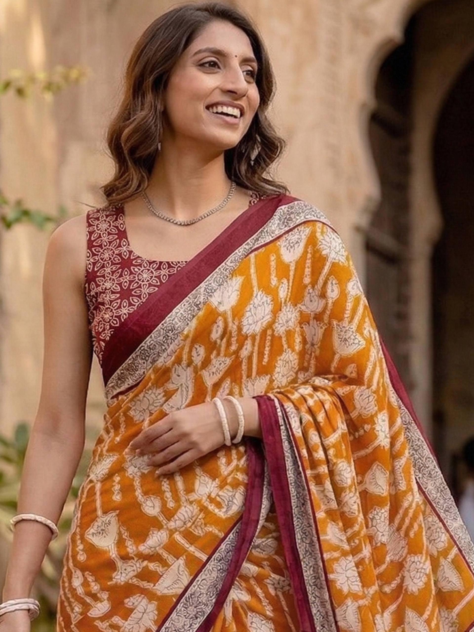 Mustard Kalamkari Floral Motif Mulmul Cotton Saree