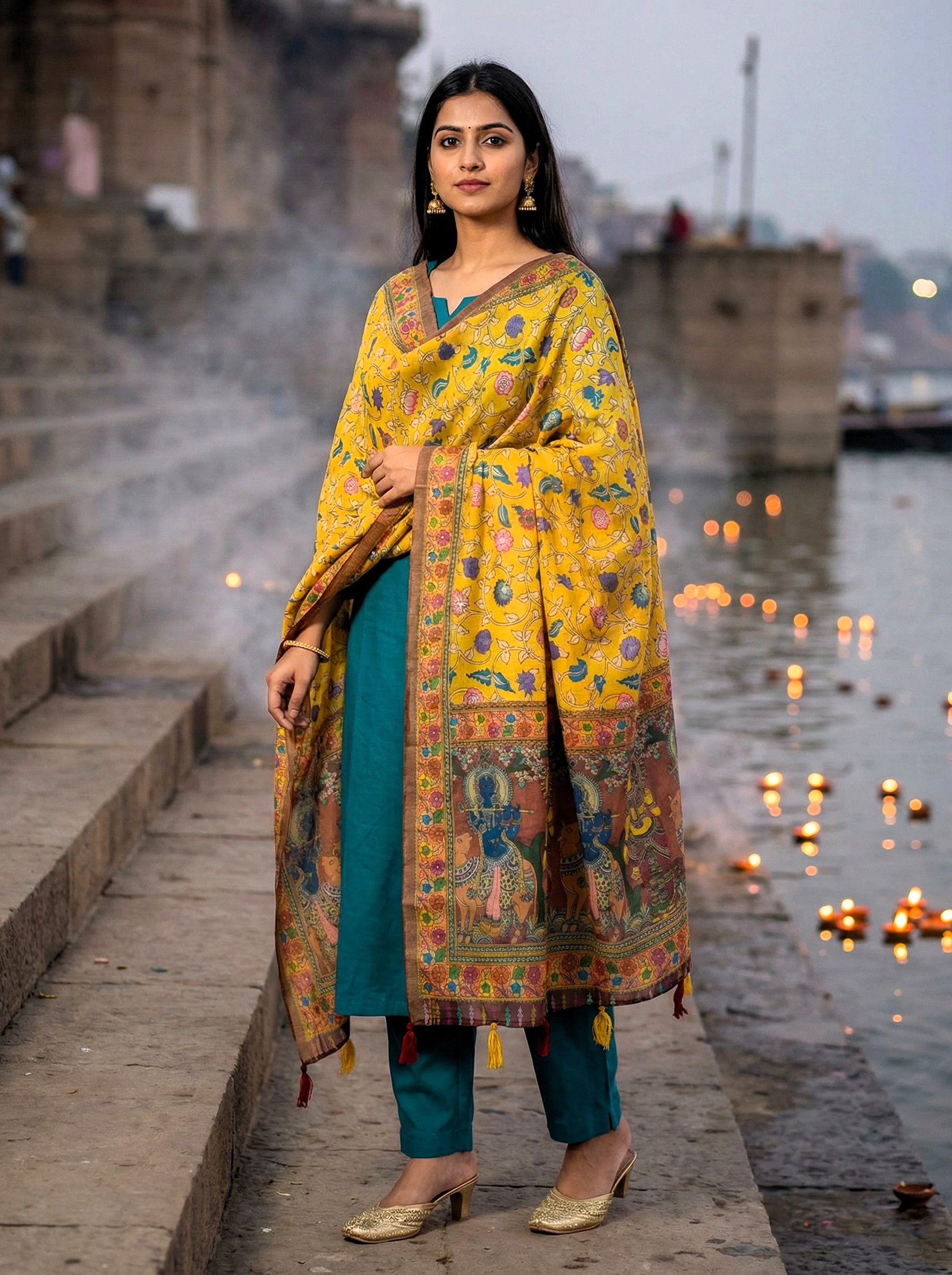 Mustard Kalamkari Heritage Linen Silk Designer Dupatta