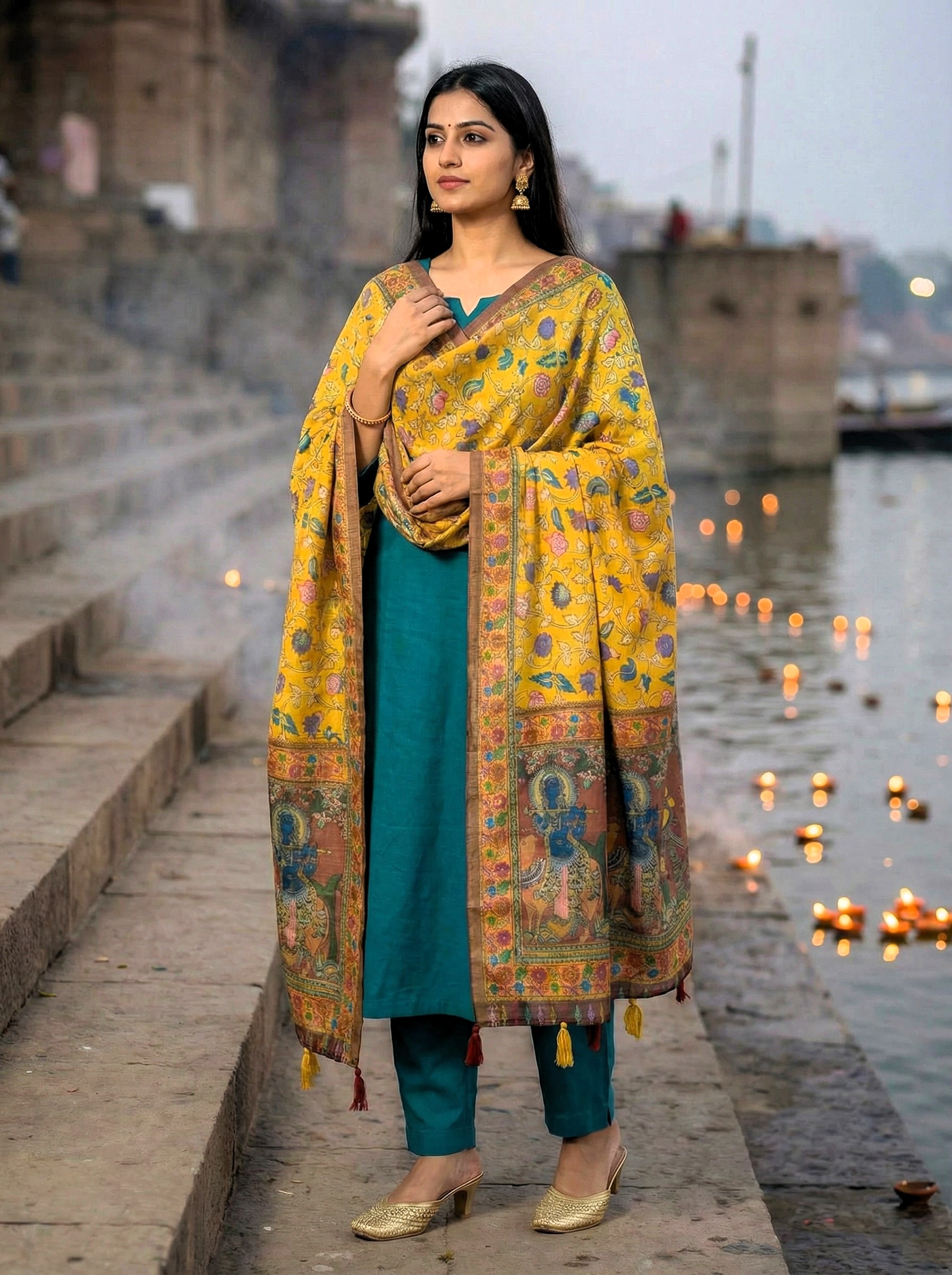 Mustard Kalamkari Heritage Linen Silk Designer Dupatta — alternate view