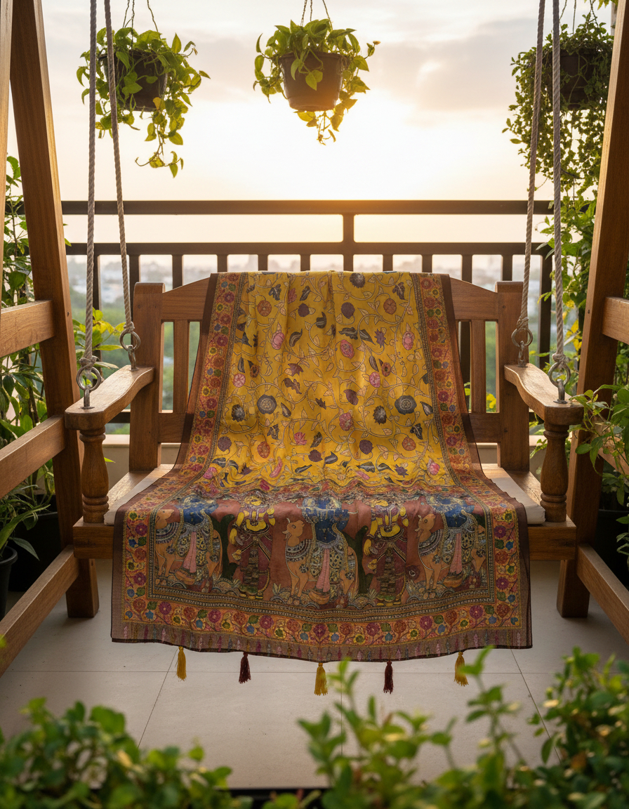 Mustard Kalamkari Heritage Linen Silk Designer Dupatta