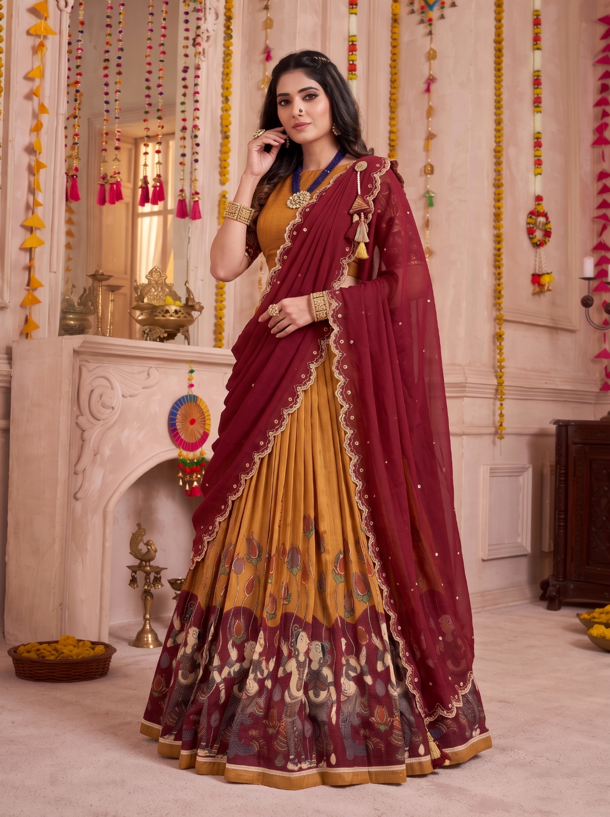 Mustard Kalamkari Print Tasar Silk Lehenga Choli — alternate view
