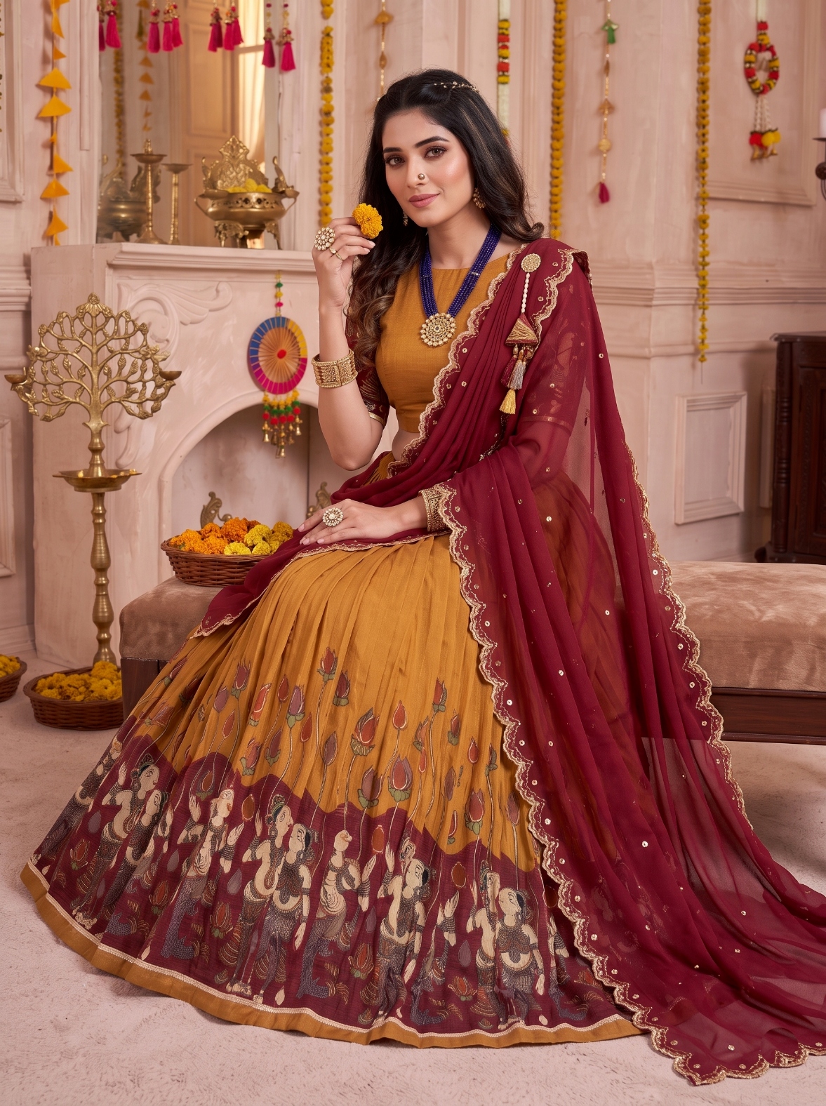 Mustard Kalamkari Print Tasar Silk Lehenga Choli