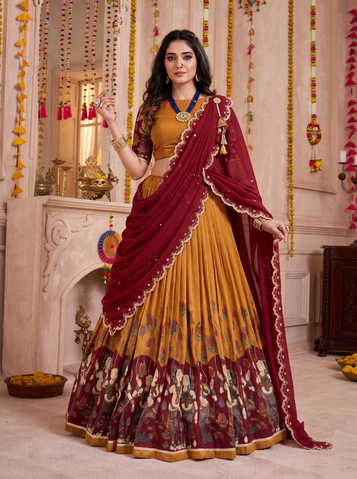 Mustard Kalamkari Print Tasar Silk Lehenga Choli