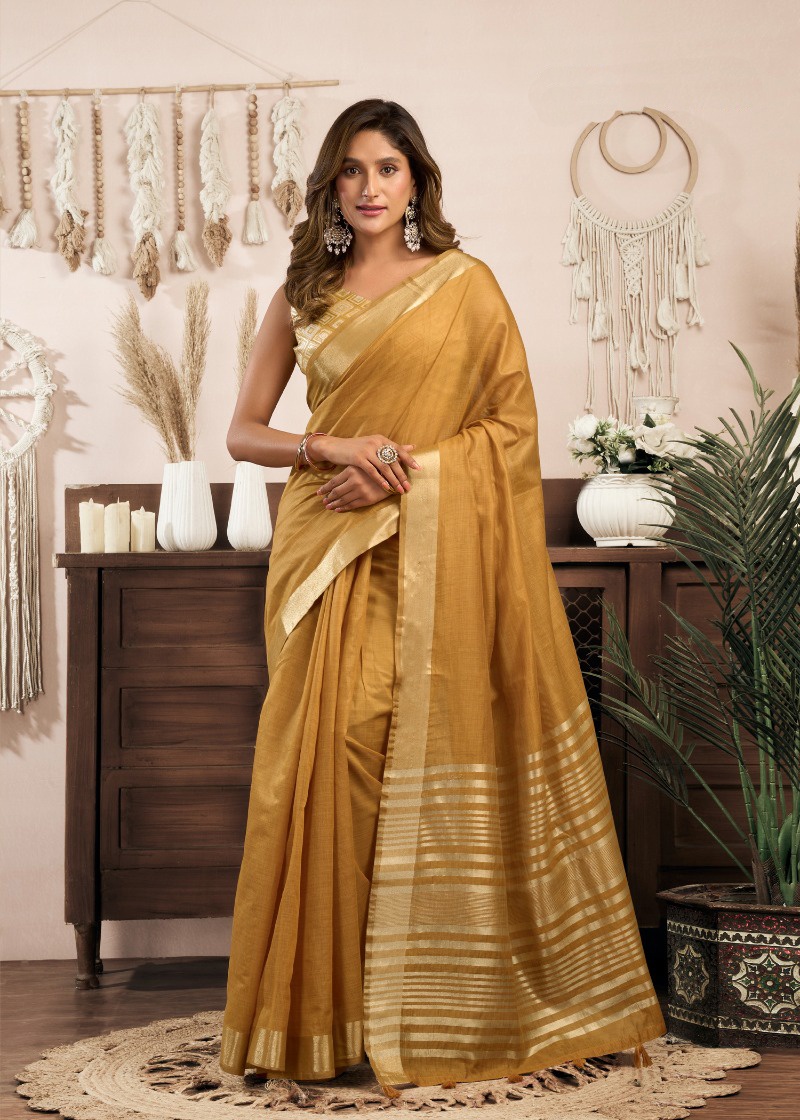 Mustard Khadi Cotton Classic Zari Border Ethnic Saree