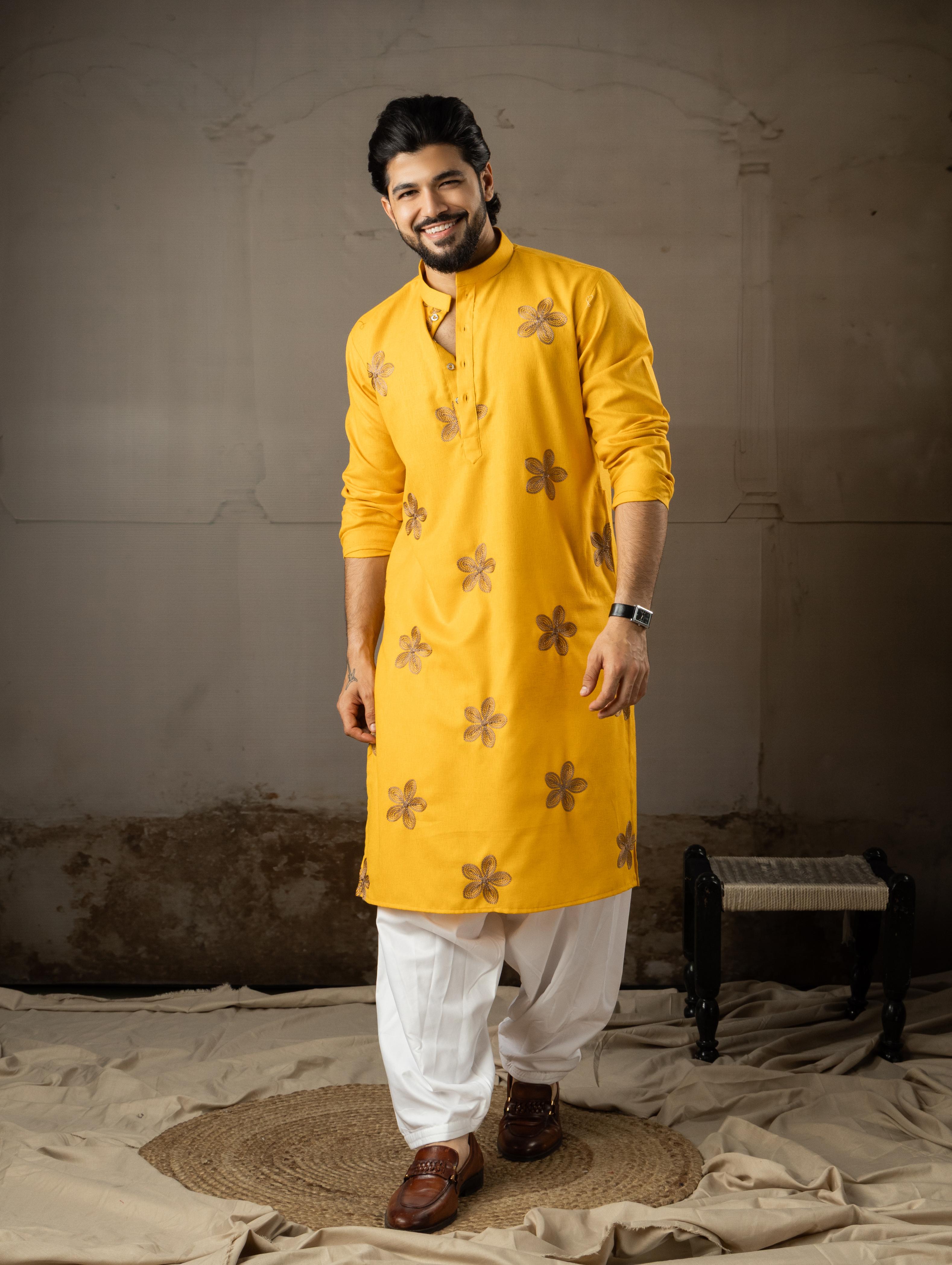 Mustard Linen Embroidered Kurta Pyjama