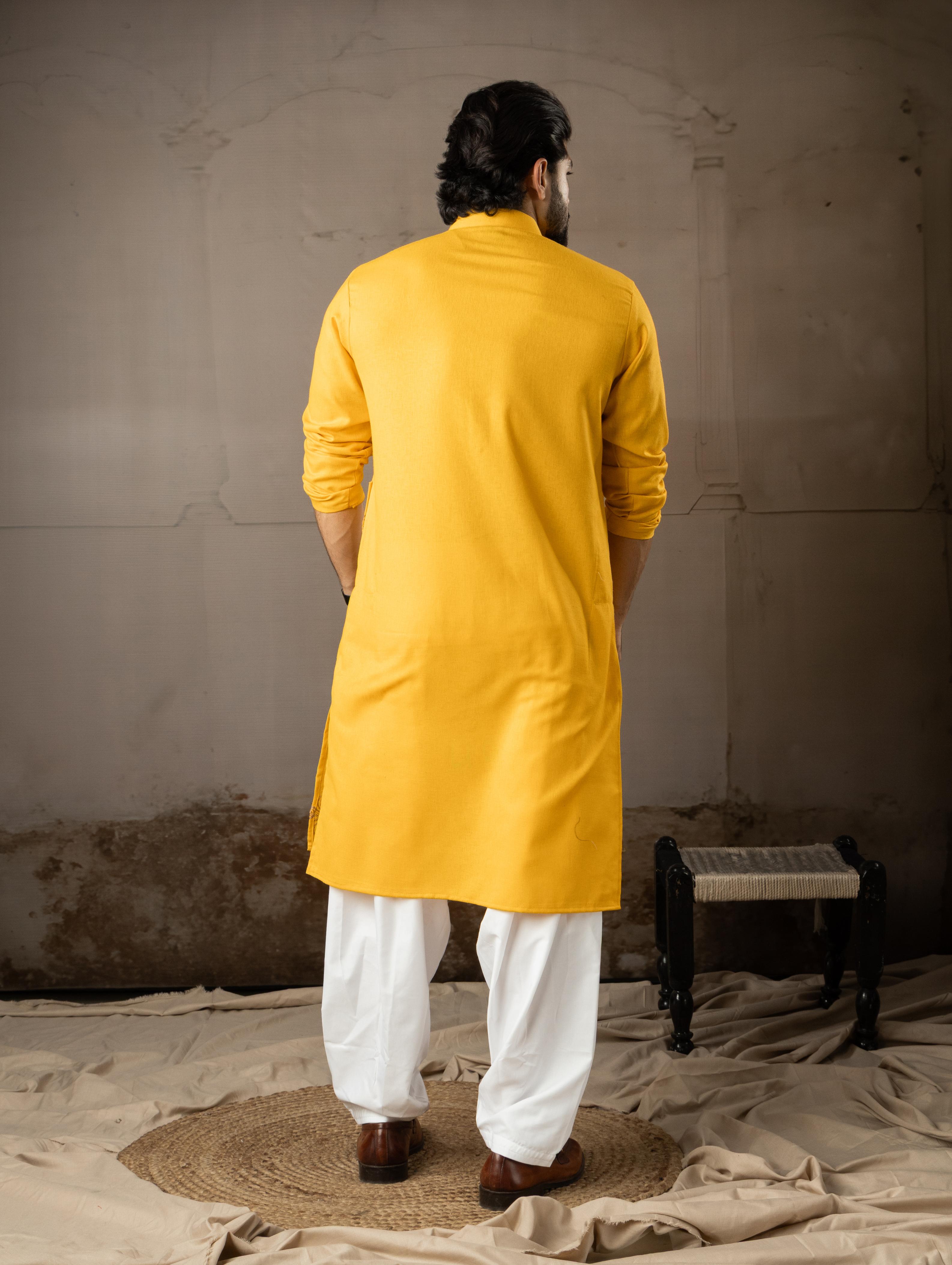 Mustard Linen Embroidered Kurta Pyjama — alternate view