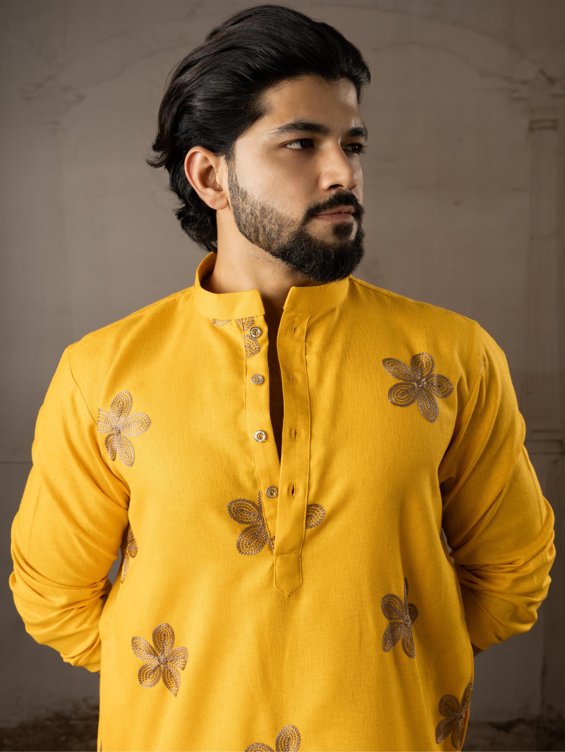 Mustard Linen Embroidered Kurta Pyjama