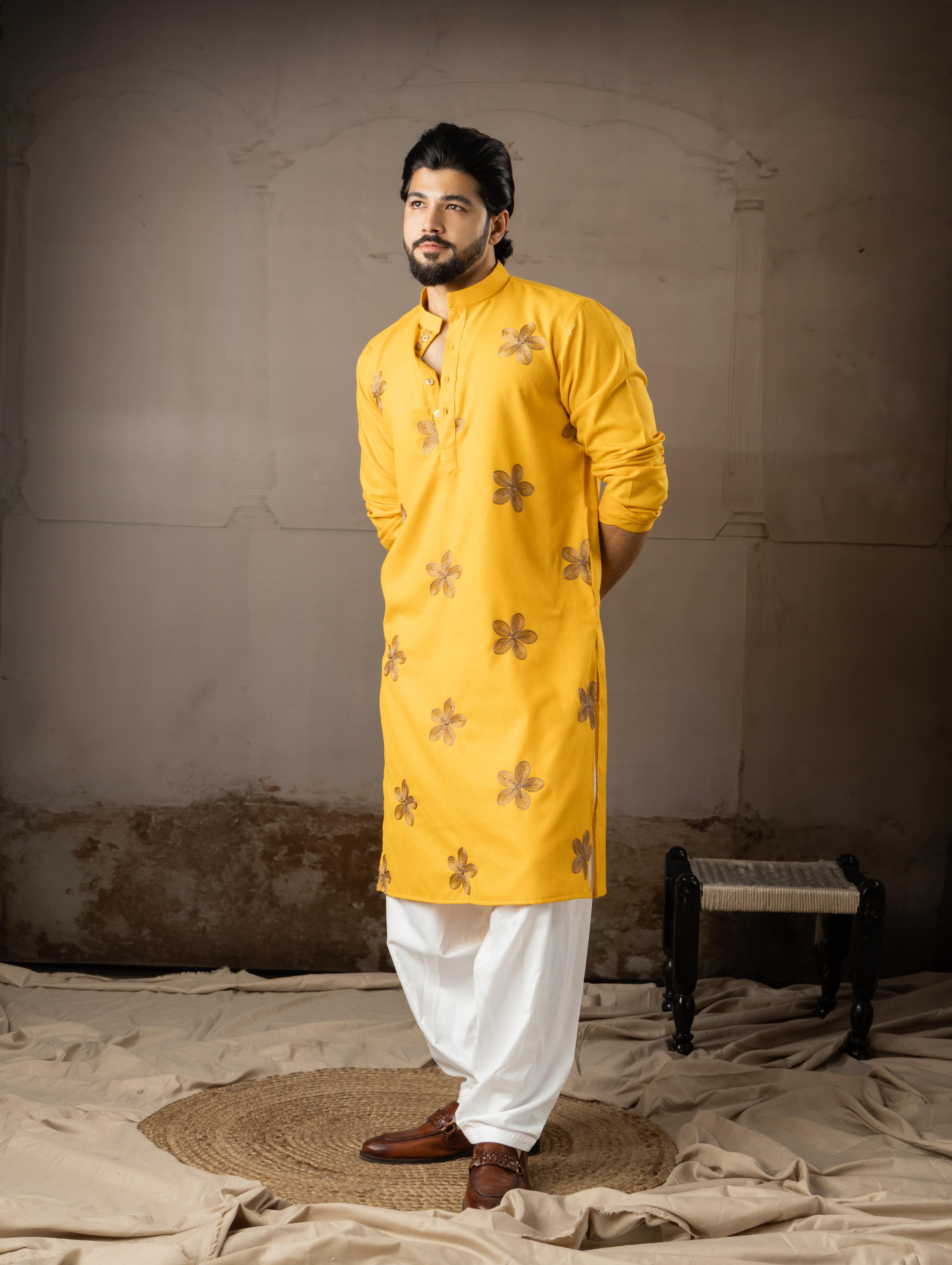 Mustard Linen Embroidered Kurta Pyjama
