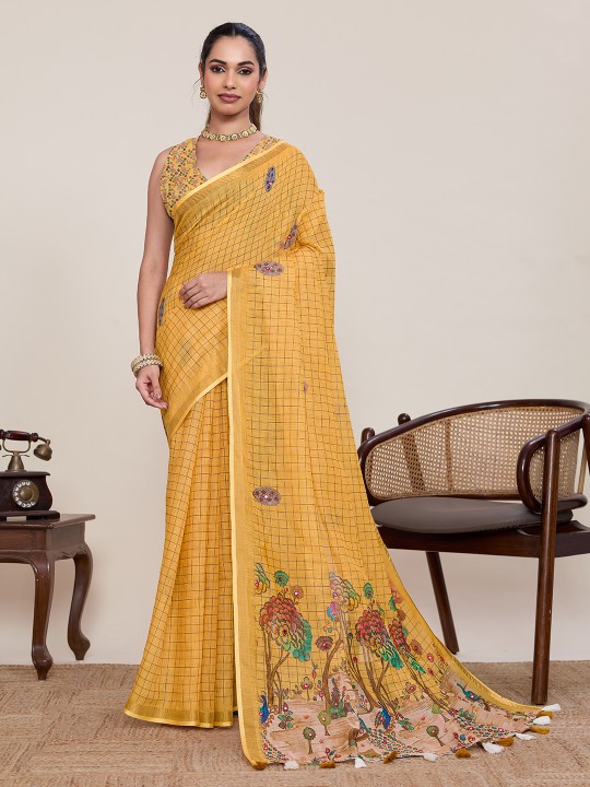 Mustard Linen Silk Printed Zari Designer Saree