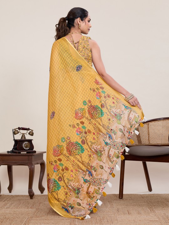 Mustard Linen Silk Printed Zari Designer Saree — alternate view