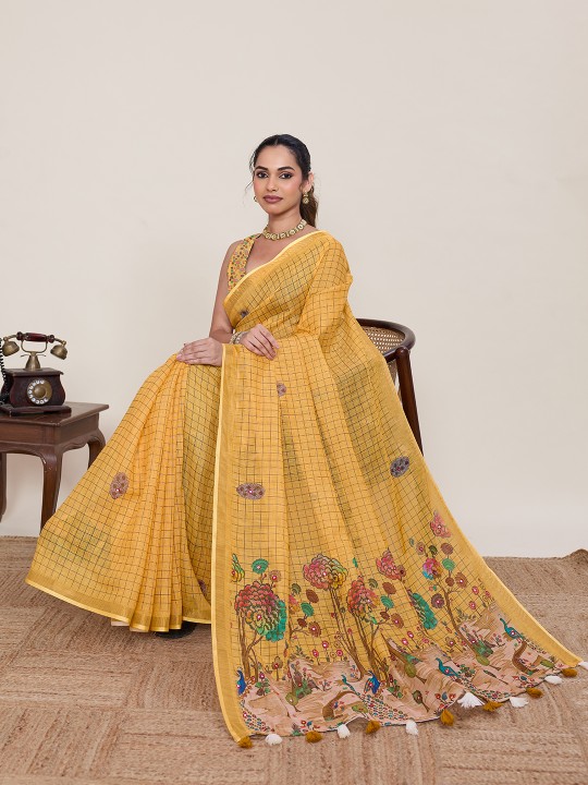 Mustard Linen Silk Printed Zari Designer Saree