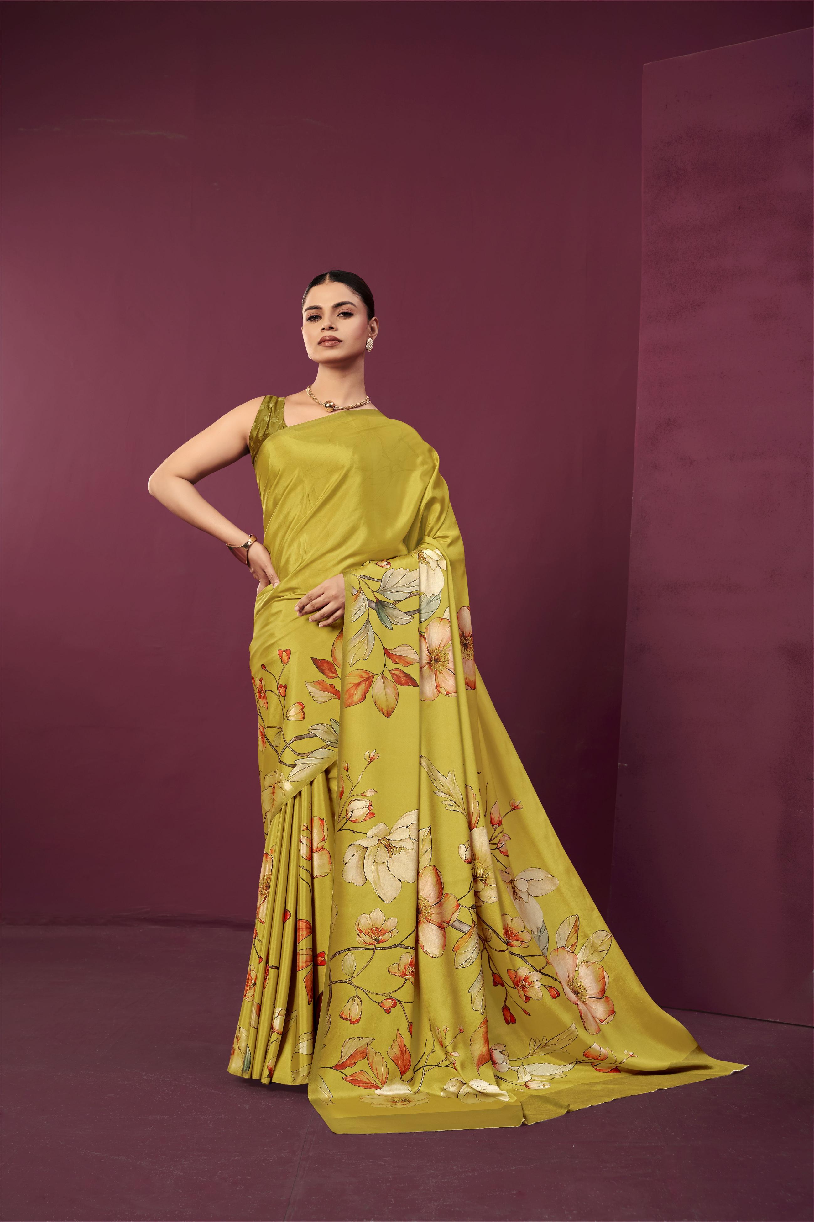 Mustard Malai Crepe Silk Saree