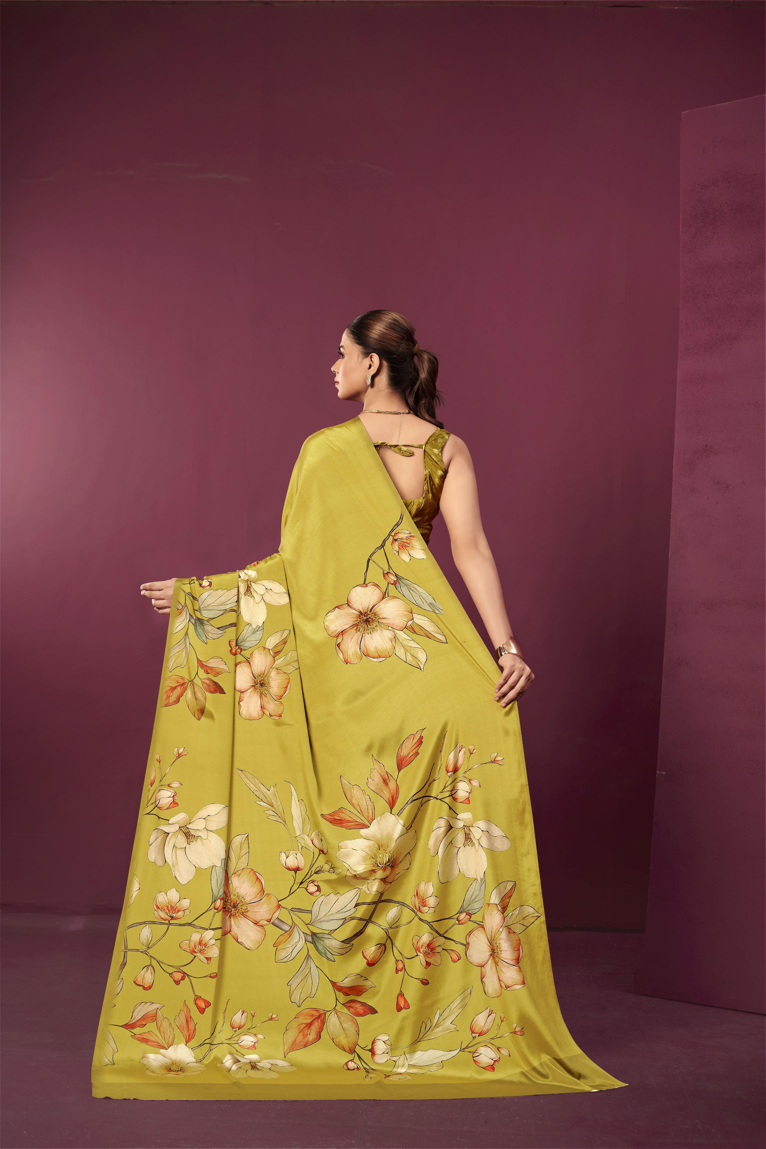 Mustard Malai Crepe Silk Saree — alternate view