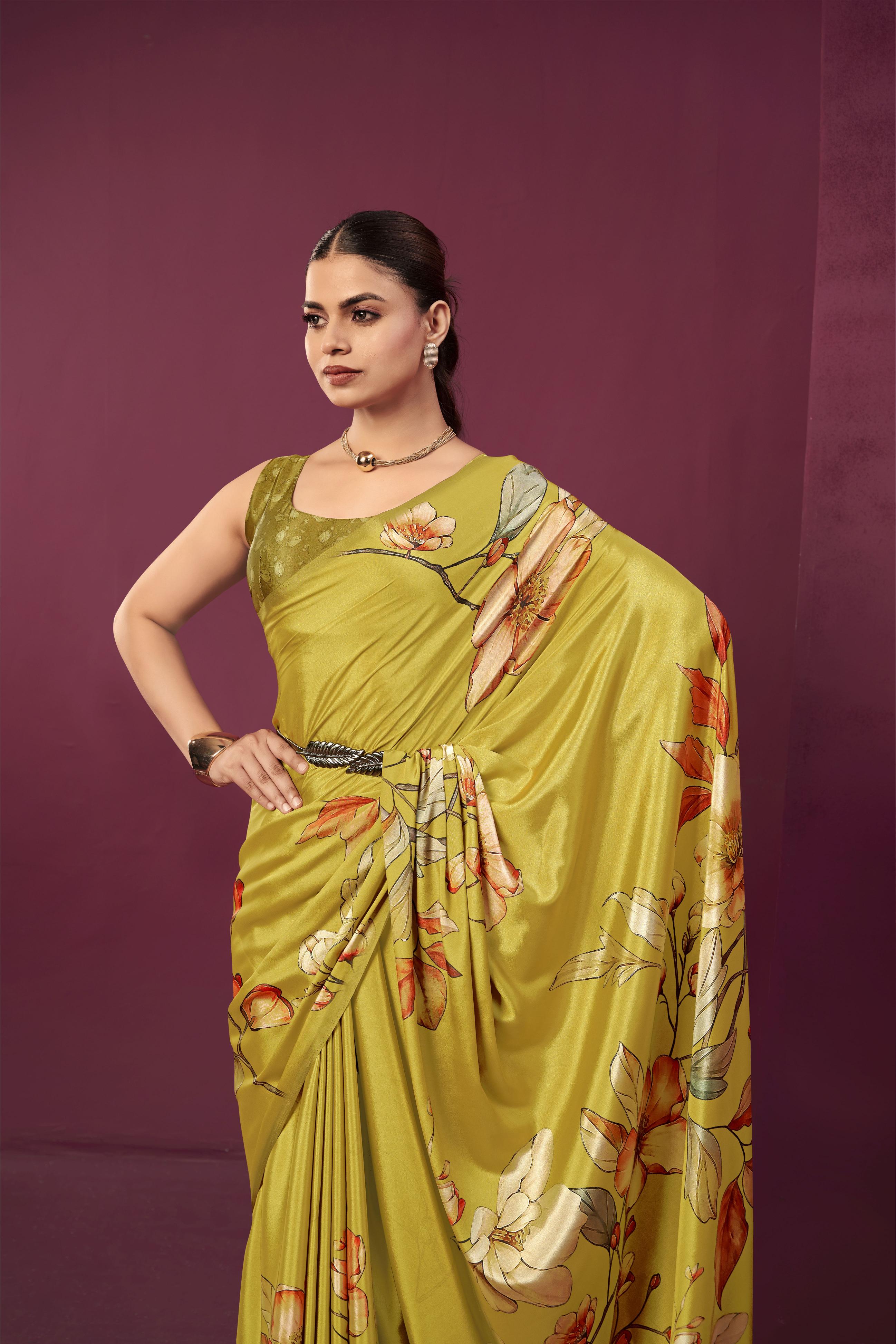 Mustard Malai Crepe Silk Saree