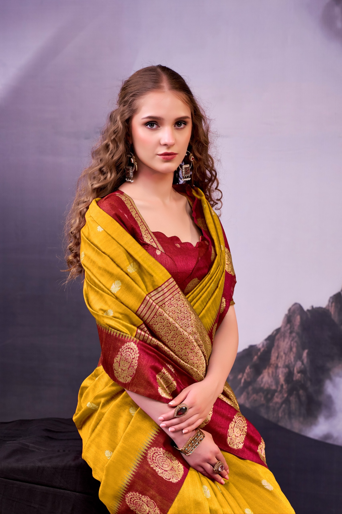 Mustard Maroon Zari Poly Cotton Saree — alternate view