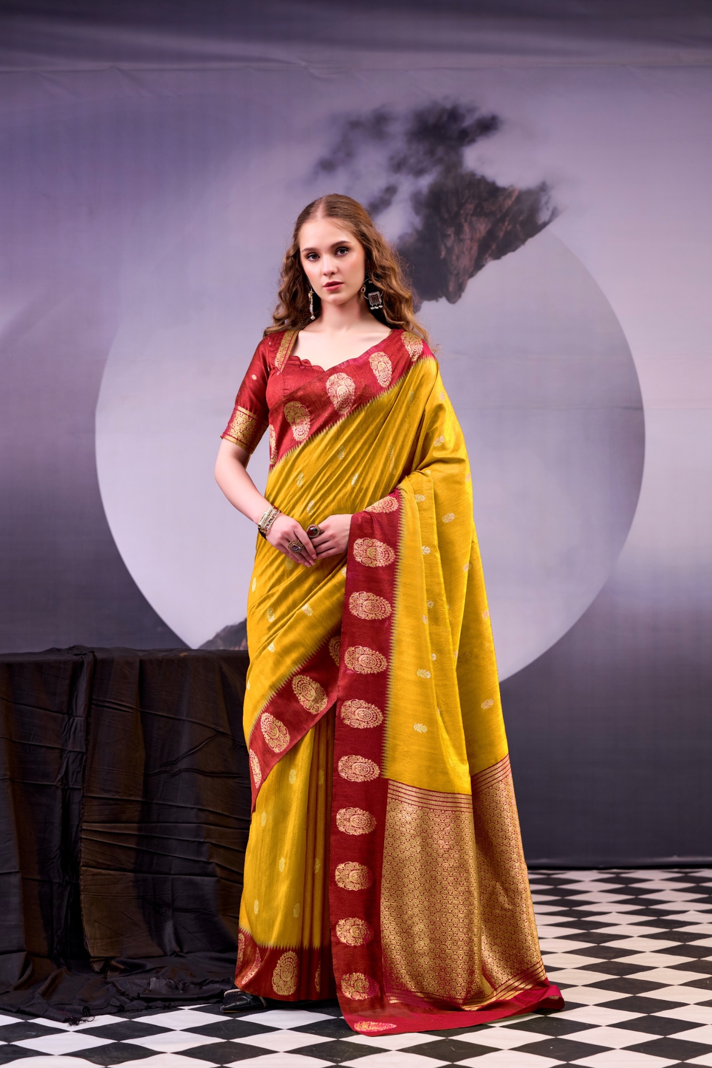 Mustard Maroon Zari Poly Cotton Saree