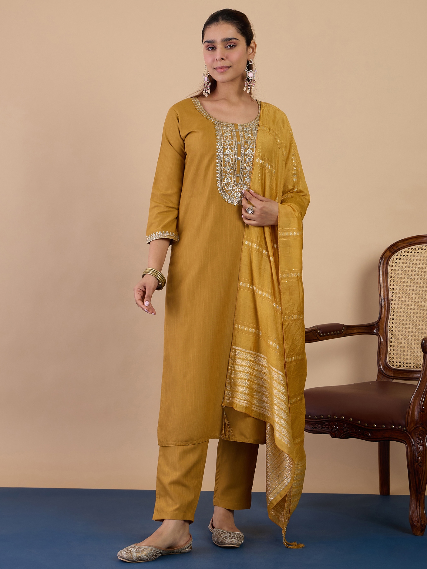 Mustard Minimal Embroidery Cotton Blend Salwar Suit