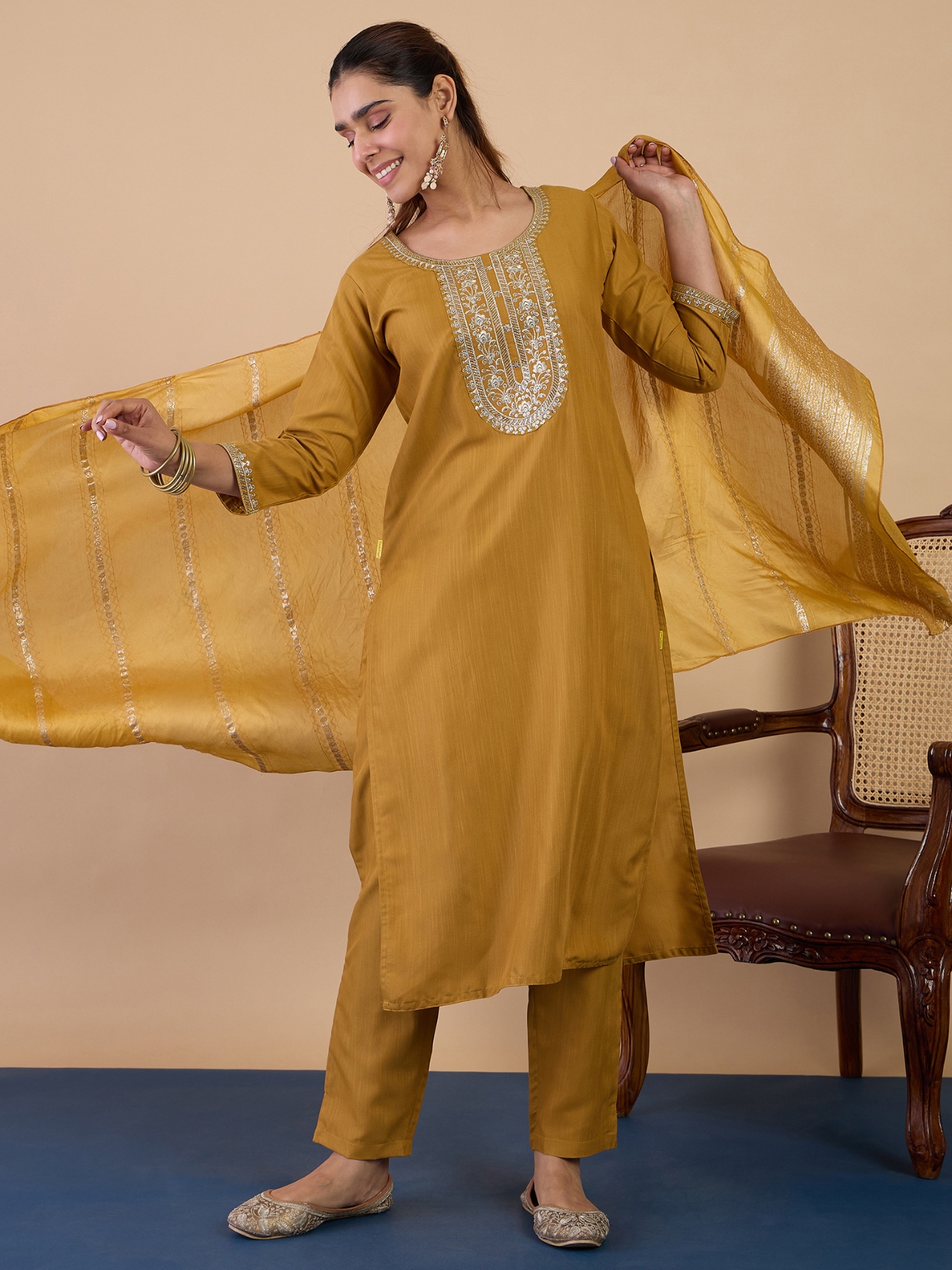Mustard Minimal Embroidery Cotton Blend Salwar Suit