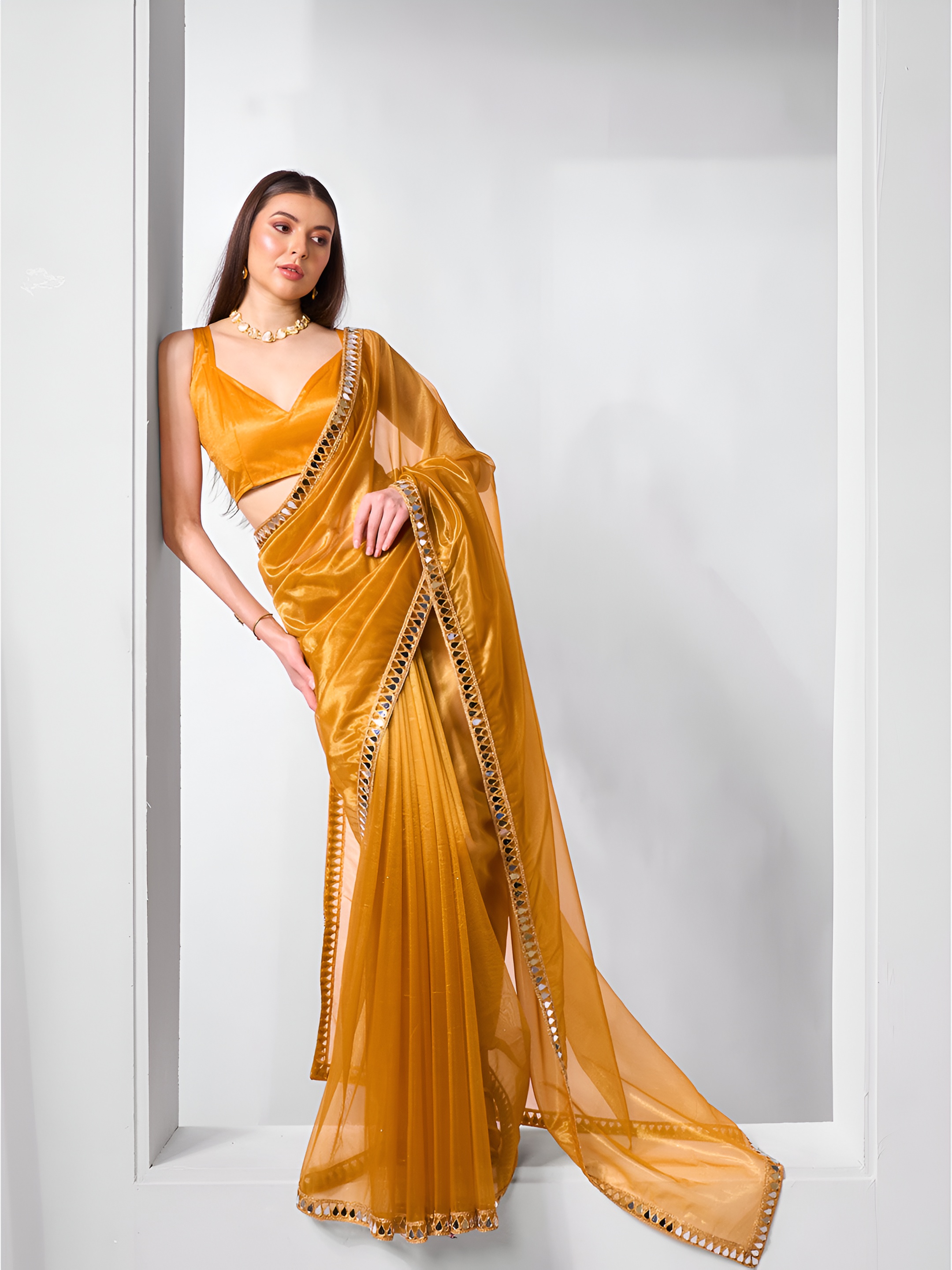 Mustard Mirror Work Gold Twill Net Saree with Lace Coding