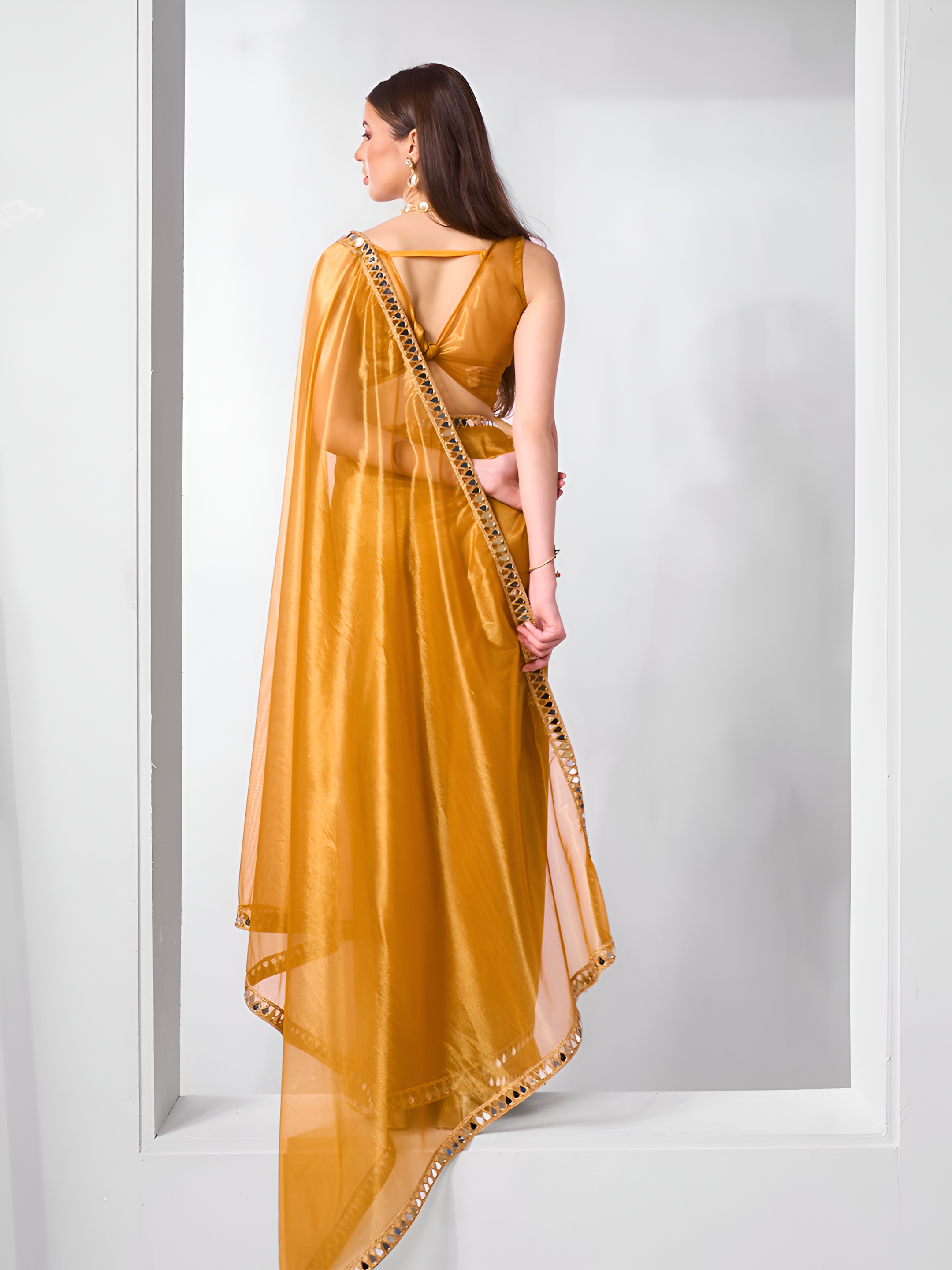 Mustard Mirror Work Gold Twill Net Saree with Lace Coding — alternate view
