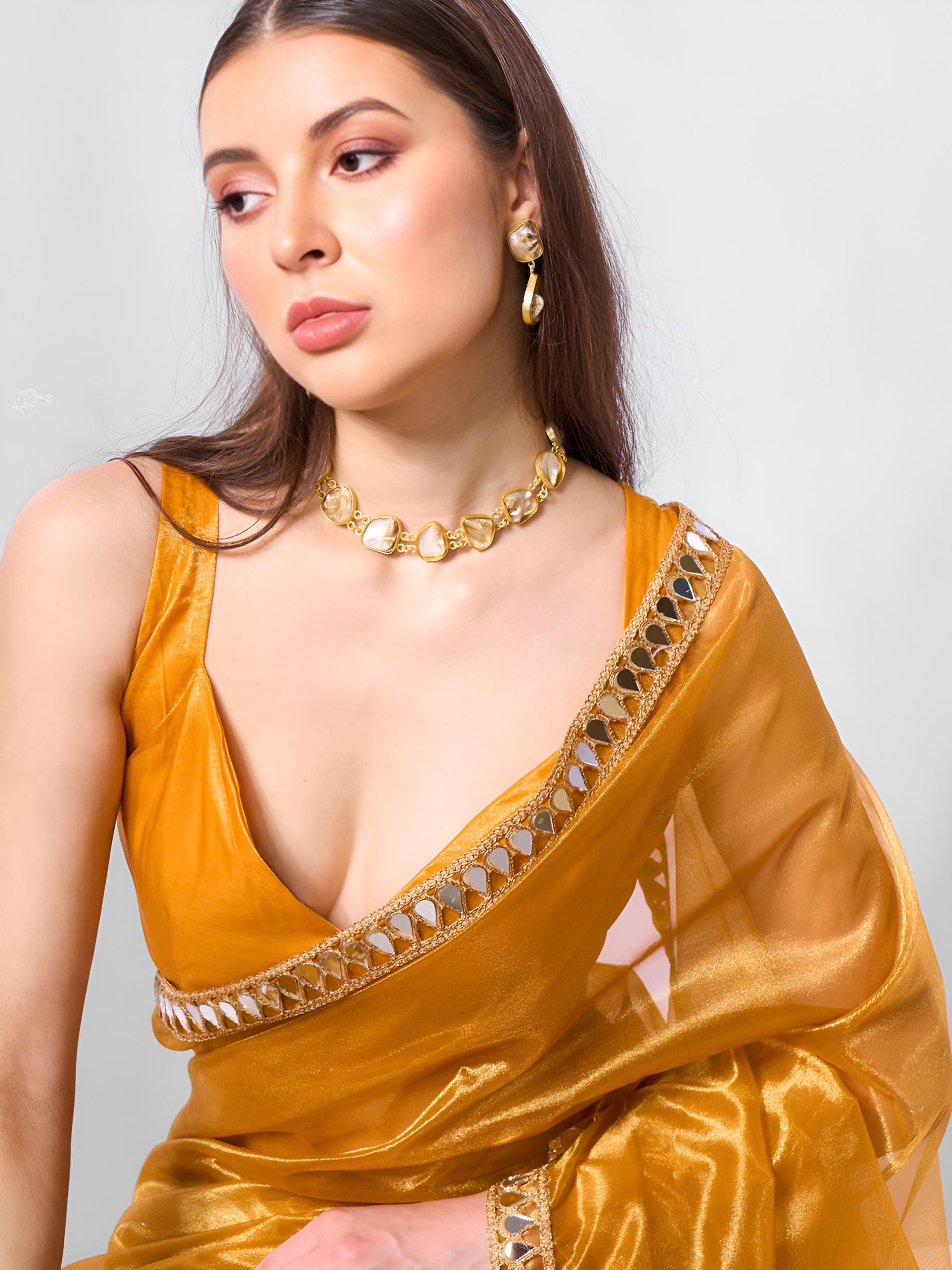 Mustard Mirror Work Gold Twill Net Saree with Lace Coding