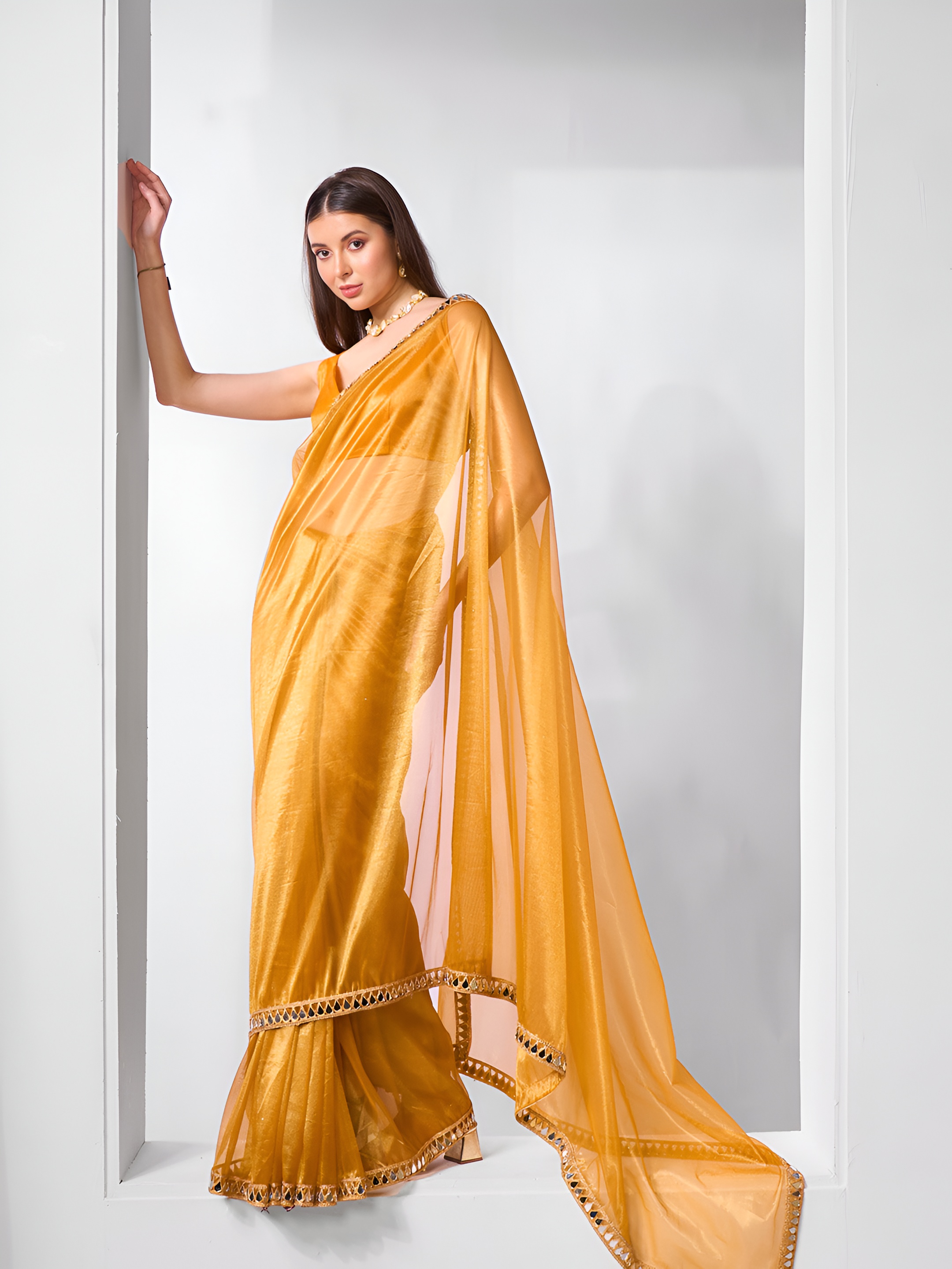 Mustard Mirror Work Gold Twill Net Saree with Lace Coding