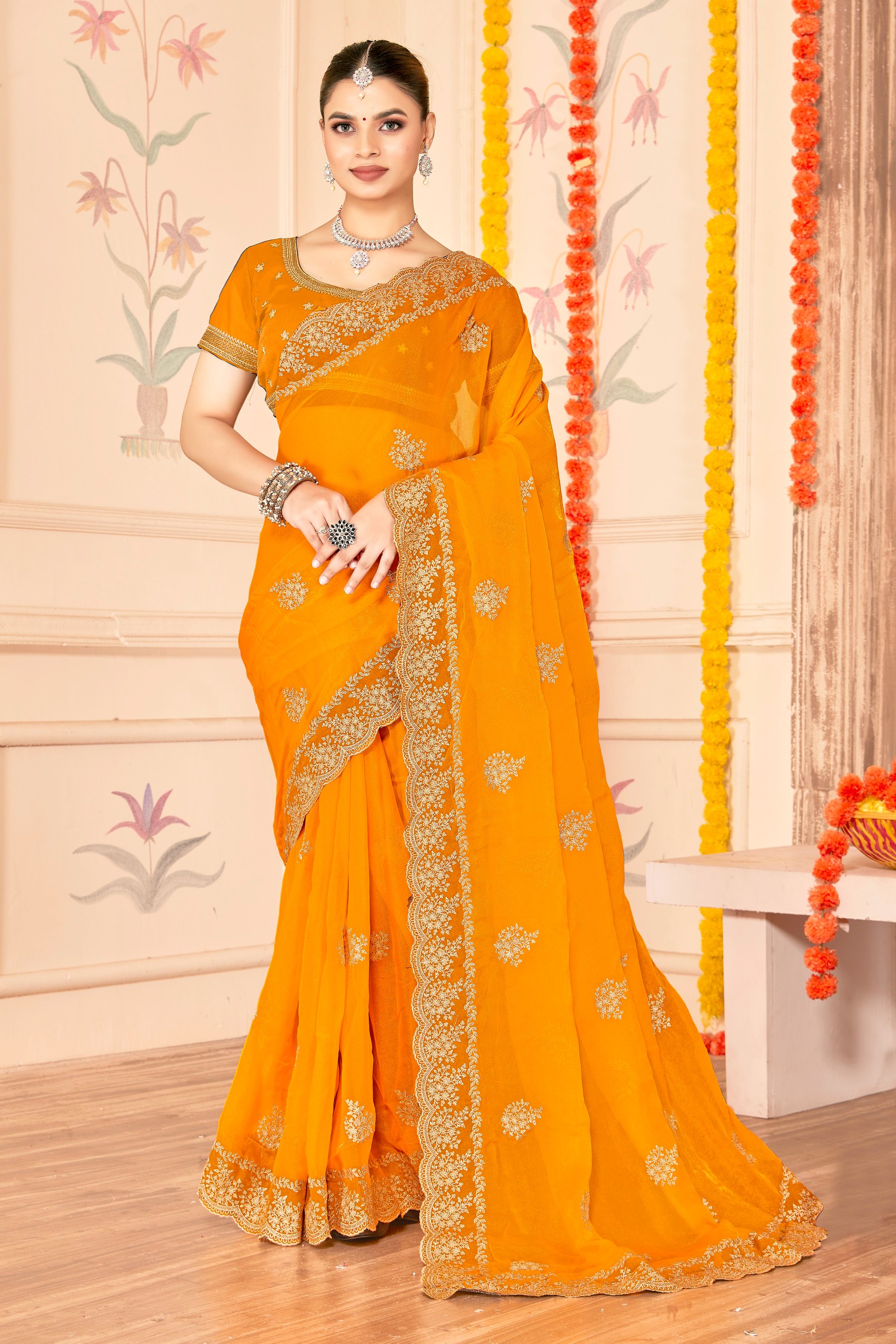 Mustard Moss Silk Zari Saree