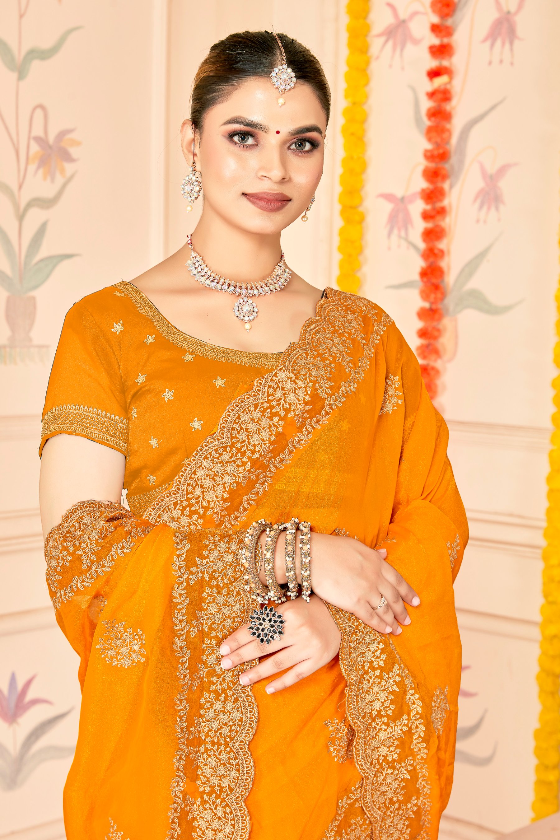 Mustard Moss Silk Zari Saree